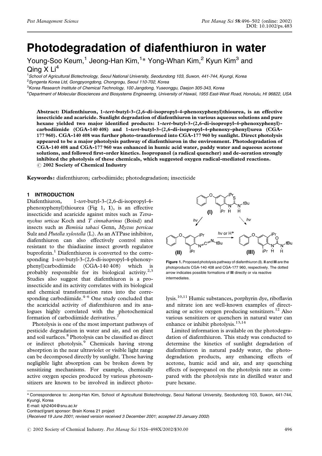 Photodegradation of diafenthiuron in water by Unknown