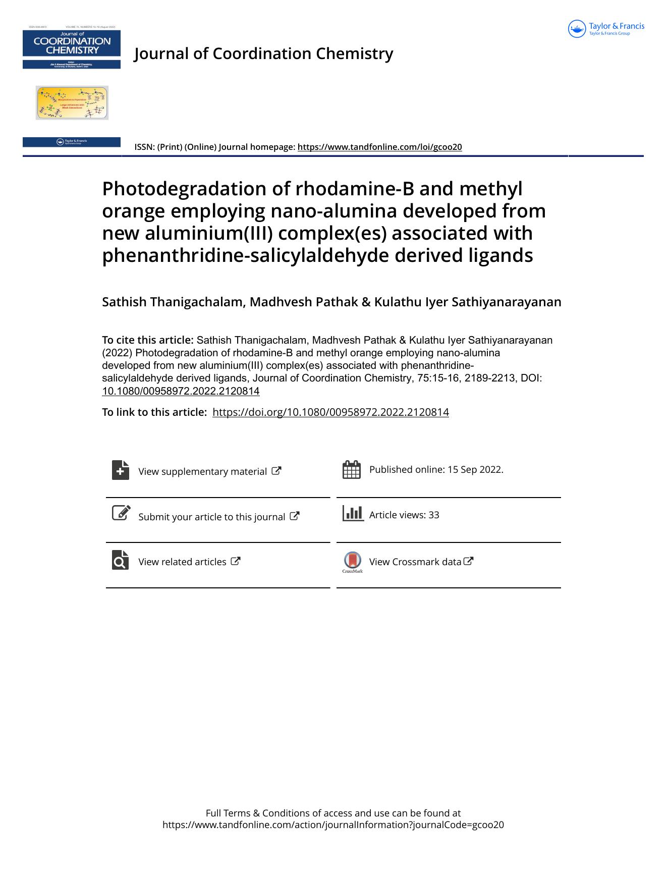 Photodegradation of rhodamine-B and methyl orange employing nano-alumina developed from new aluminium(III) complex(es) associated with phenanthridine-salicylaldehyde derived ligands by Thanigachalam Sathish & Pathak Madhvesh & Sathiyanarayanan Kulathu Iyer