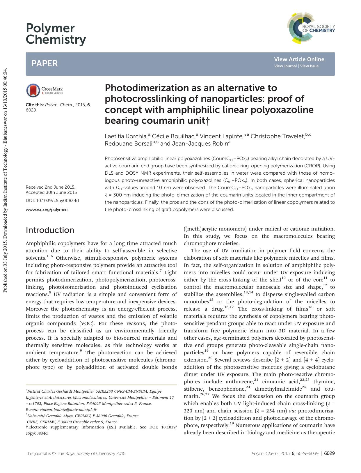 Photodimerization as an alternative to photocrosslinking of nanoparticles: proof of concept with amphiphilic linear polyoxazoline bearing coumarin unit by unknow