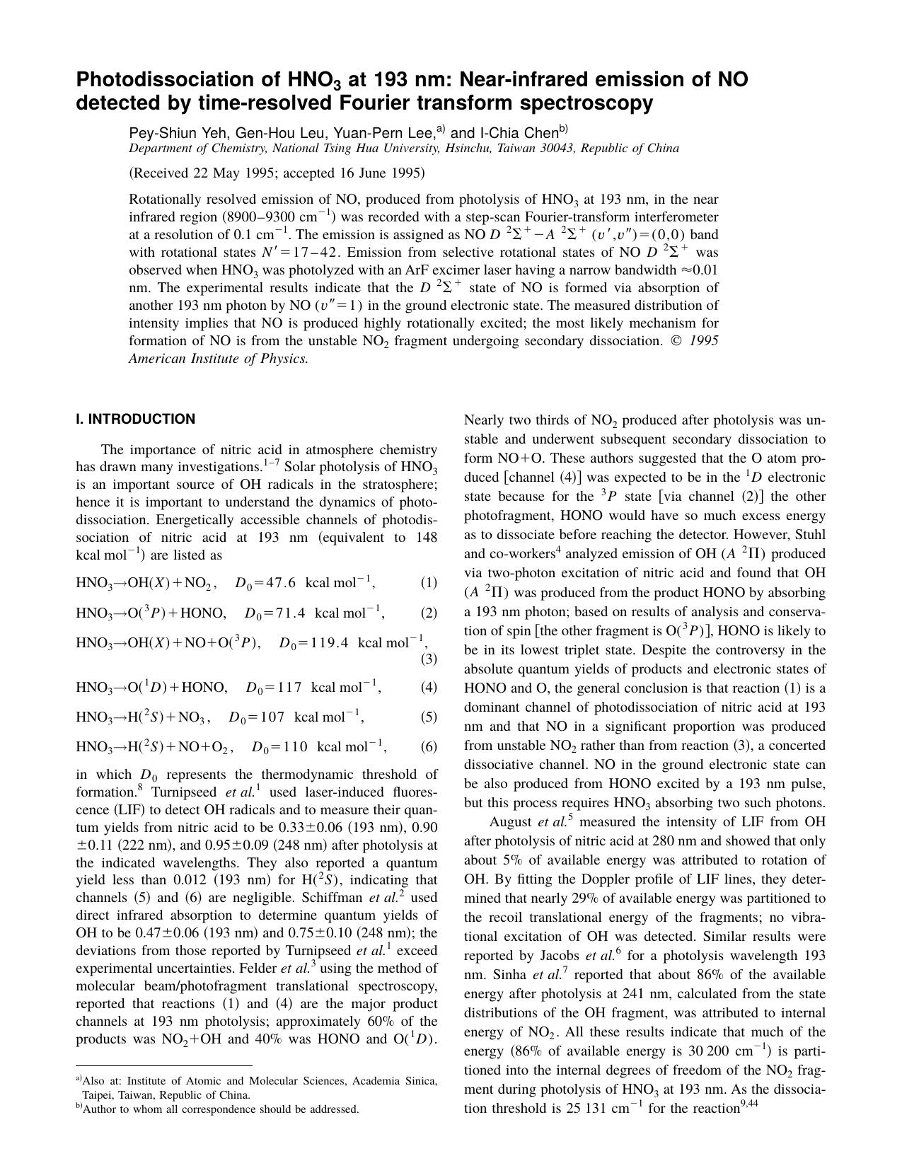 Photodissociation of HNO 3 at 193 nm: Near-infrared emission of NO detected by time-resolved Fourier transform spectroscopy by Pey-Shiun Yeh & Gen-Hou Leu & Yuan-Pern Lee & and I-Chia Chen