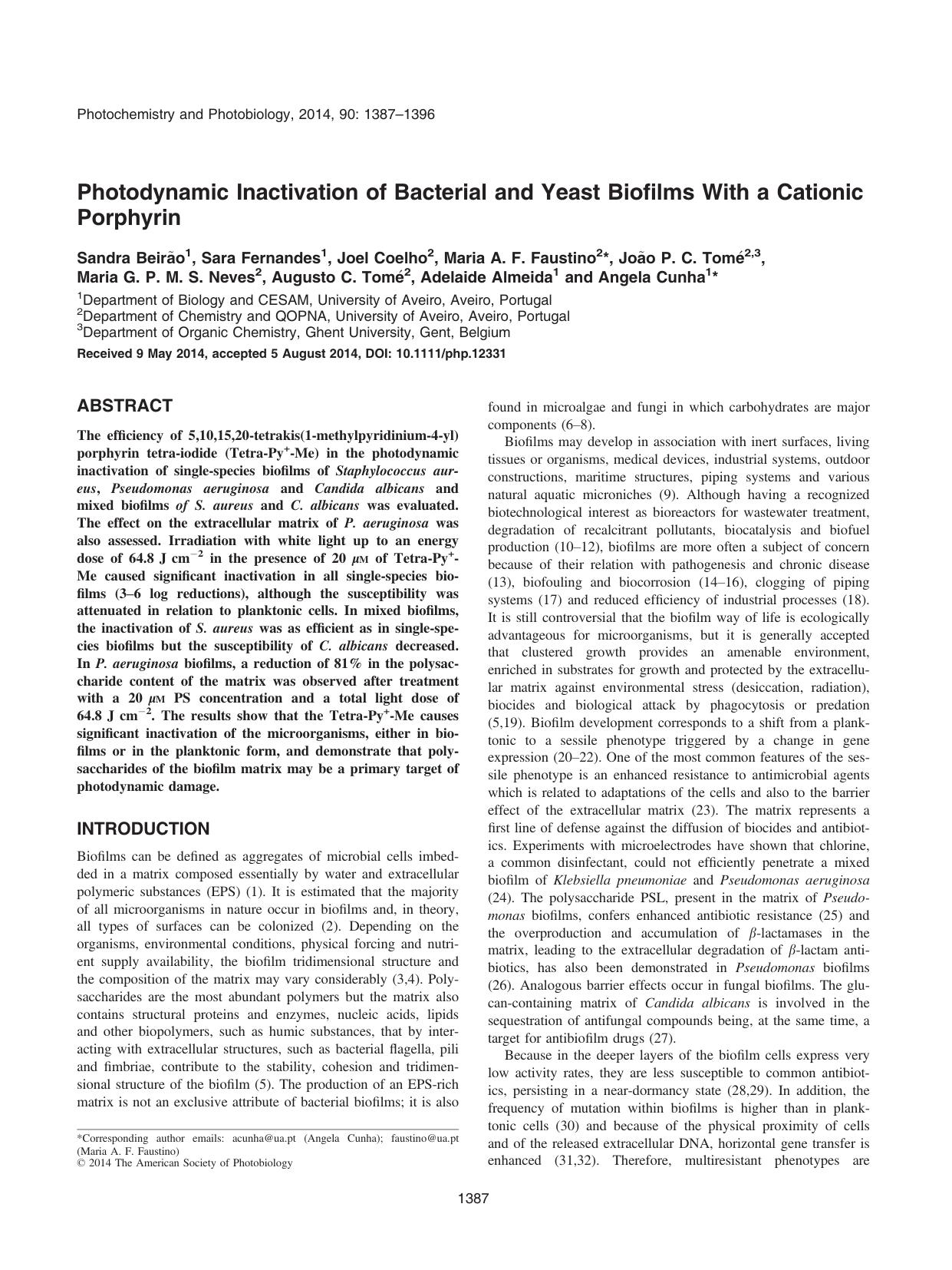 Photodynamic Inactivation of Bacterial and Yeast Biofilms With a Cationic Porphyrin by Unknown