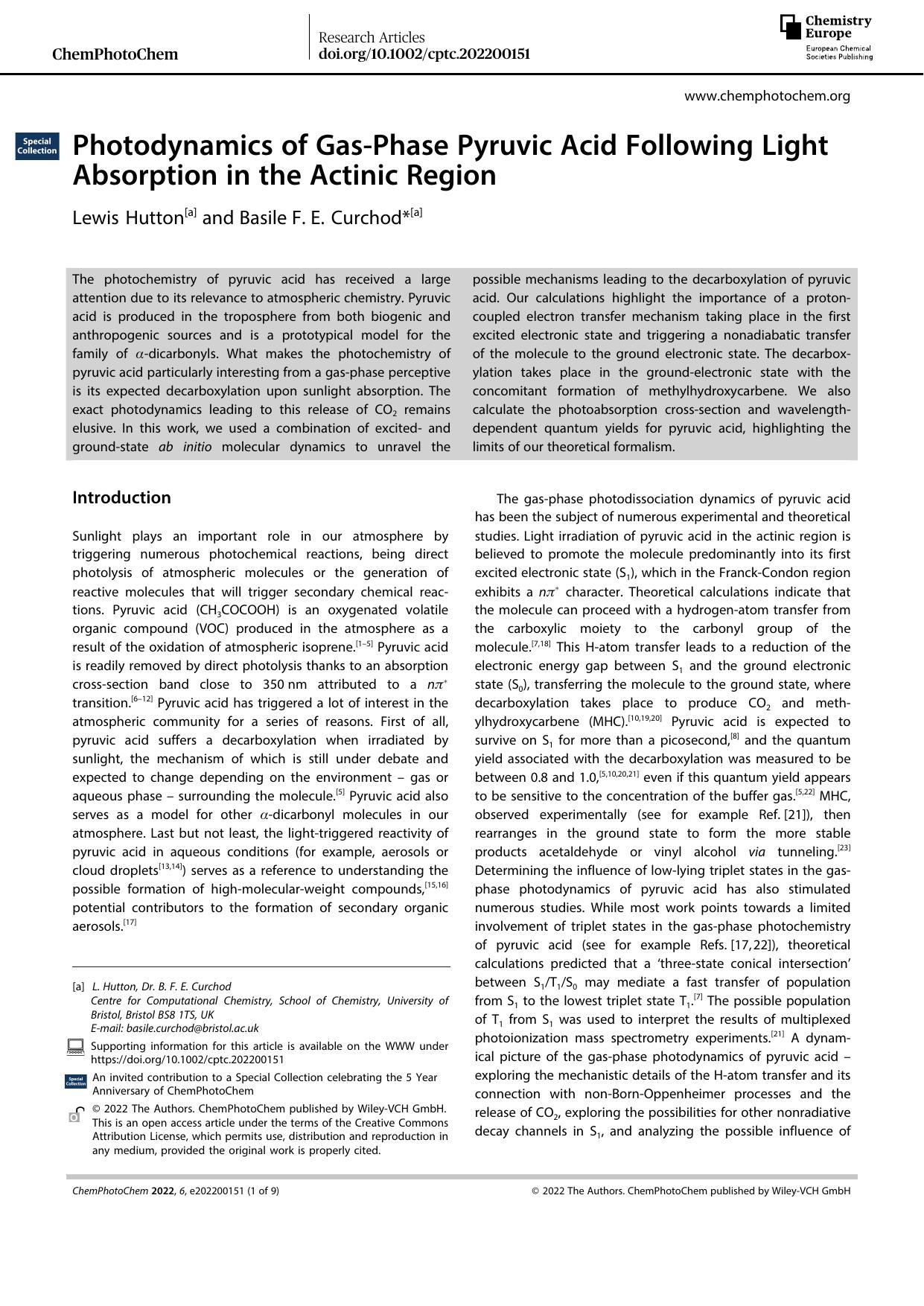 Photodynamics of GasâPhase Pyruvic Acid Following Light Absorption in the Actinic Region by Unknown