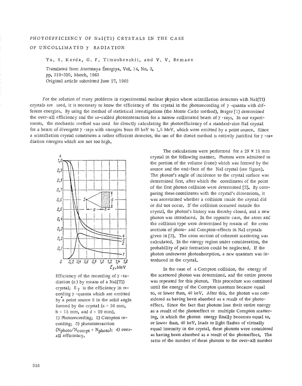 Photoefficiency of NaI(T1) crystals in the case of uncollimated γ radiation by Unknown