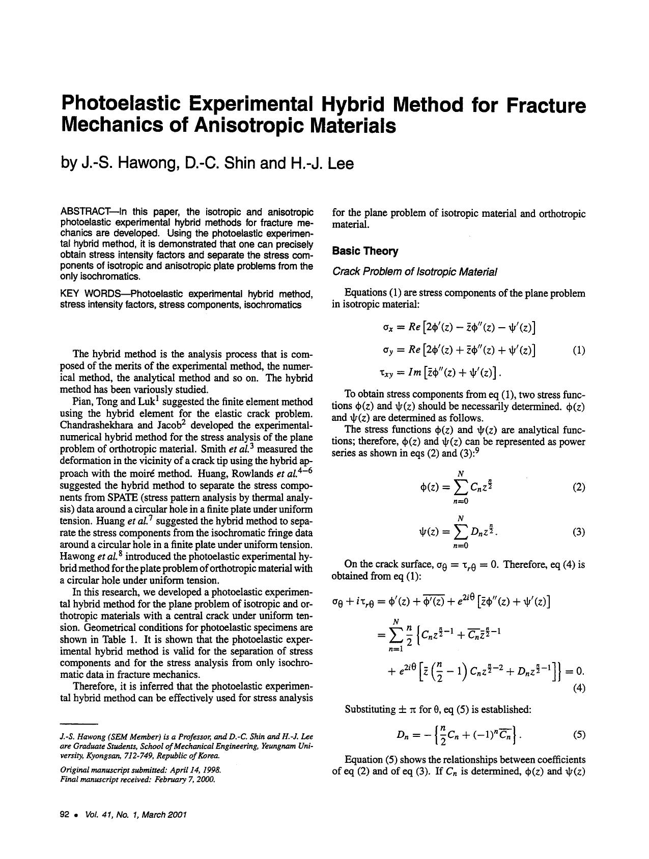 Photoelastic experimental hybrid method for fracture mechanics of anisotropic materials by Unknown