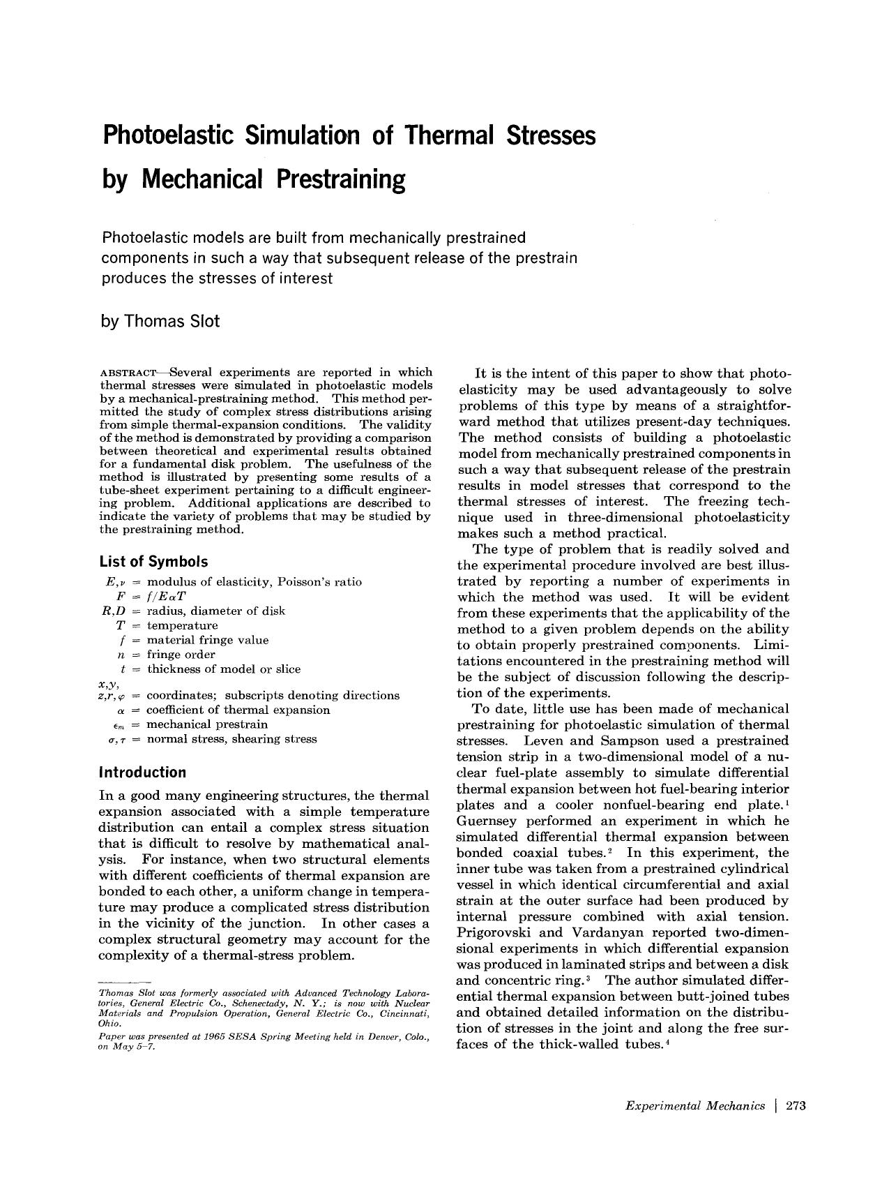 Photoelastic simulation of thermal stresses by mechanical prestraining by Unknown