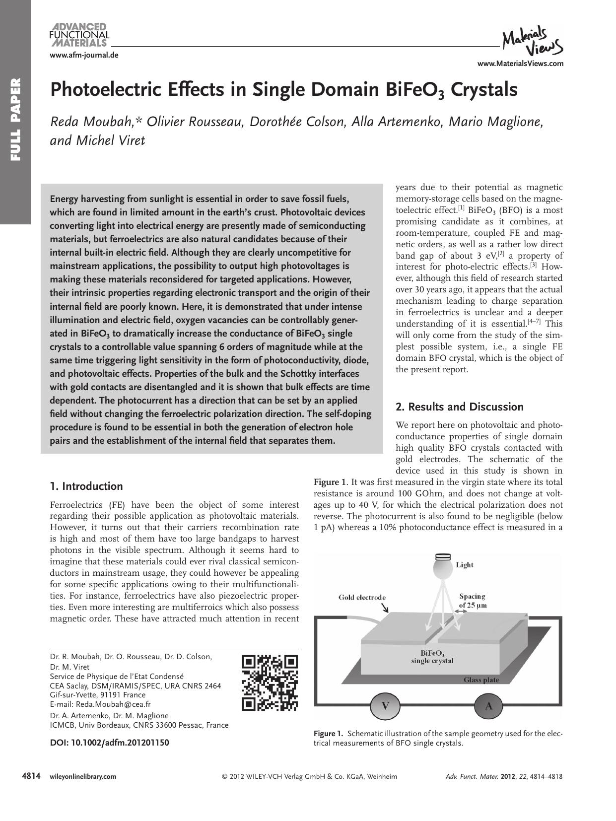Photoelectric Effects in Single Domain BiFeO3 Crystals by vng