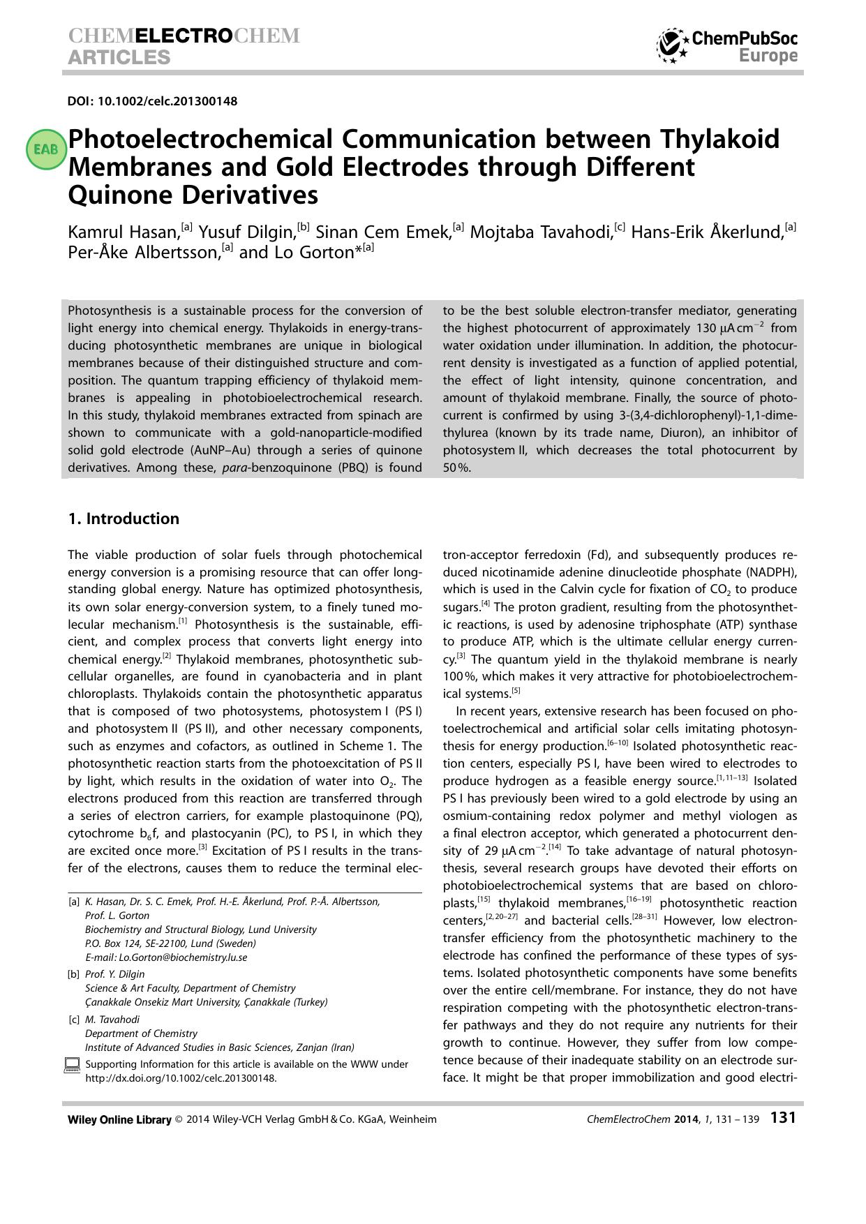 Photoelectrochemical Communication between Thylakoid Membranes and Gold Electrodes through Different Quinone Derivatives by Unknown