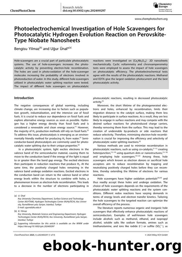 Photoelectrochemical Investigation of Hole Scavengers for Photocatalytic Hydrogen Evolution Reaction on PerovskiteâType Niobate Nanosheets by Unknown