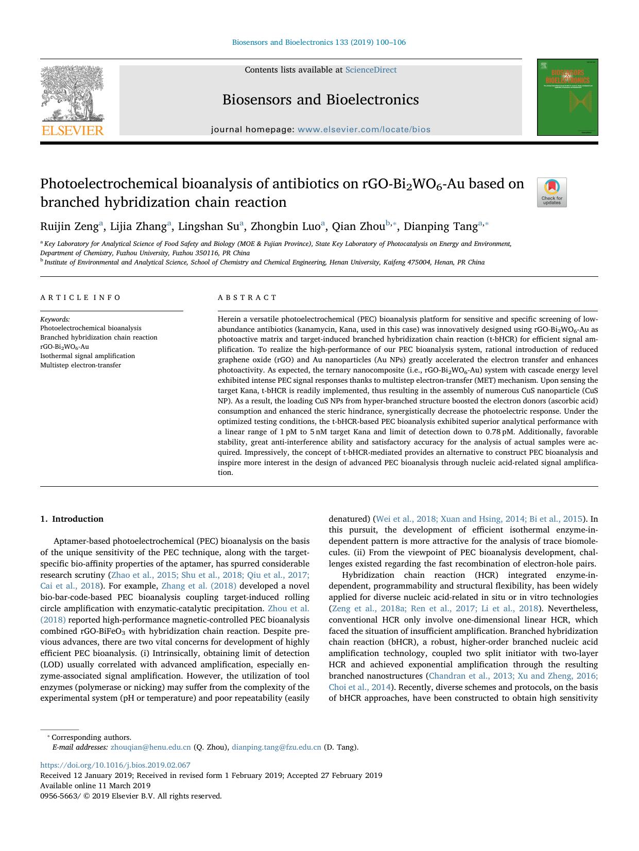 Photoelectrochemical bioanalysis of antibiotics on rGO-Bi2WO6-Au based on branched hybridization chain reaction by Ruijin Zeng & Lijia Zhang & Lingshan Su & Zhongbin Luo & Qian Zhou & Dianping Tang