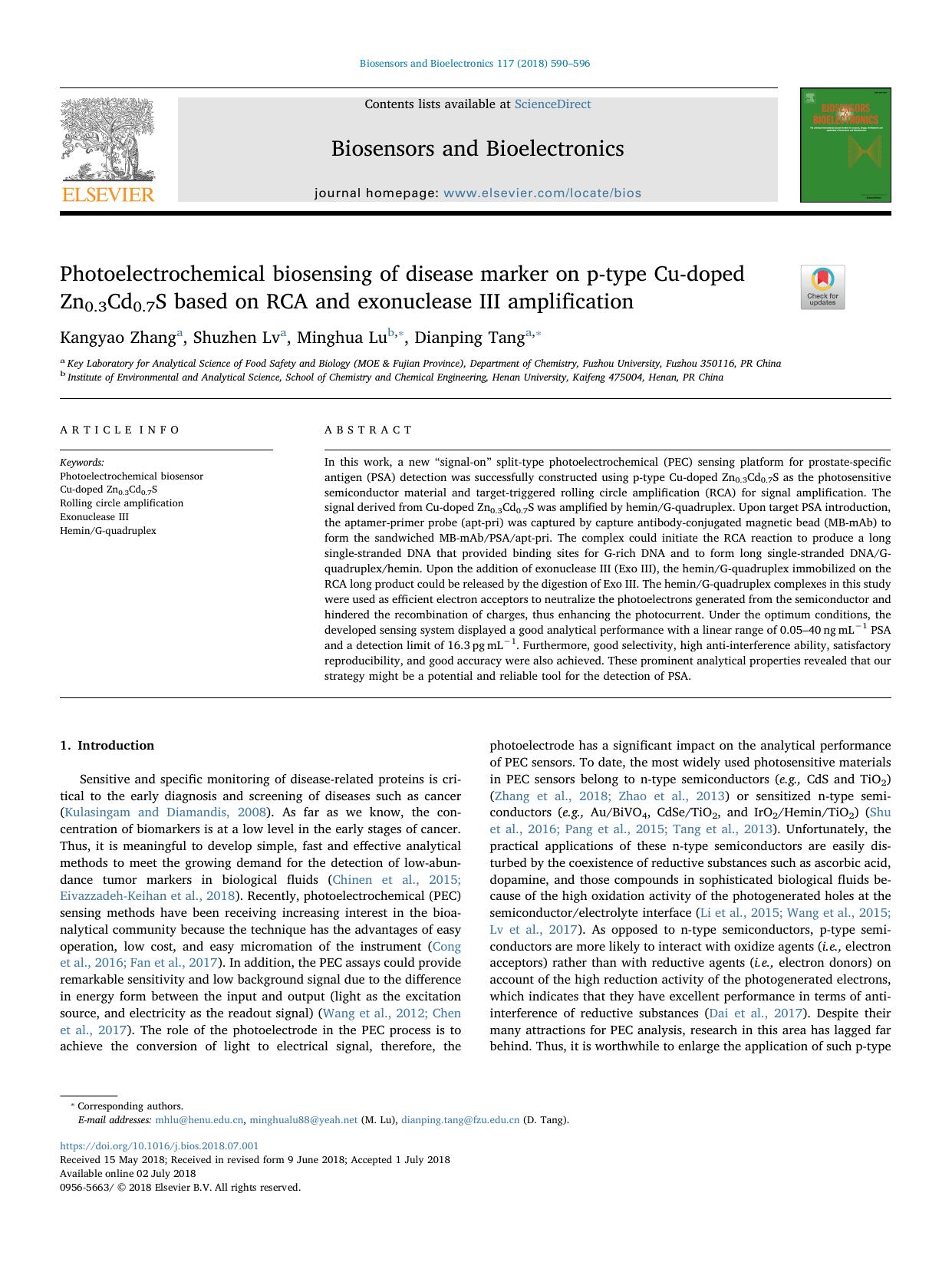 Photoelectrochemical biosensing of disease marker on p-type Cu-doped Zn0.3Cd0.7S based on RCA and exonuclease III amplification by Kangyao Zhang & Shuzhen Lv & Minghua Lu & Dianping Tang
