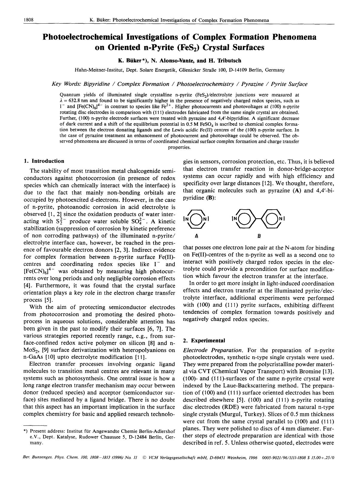 Photoelectrochemical investigations of complex formation phenomena on oriented n-pyrite (FeS2) crystal surfaces by Unknown