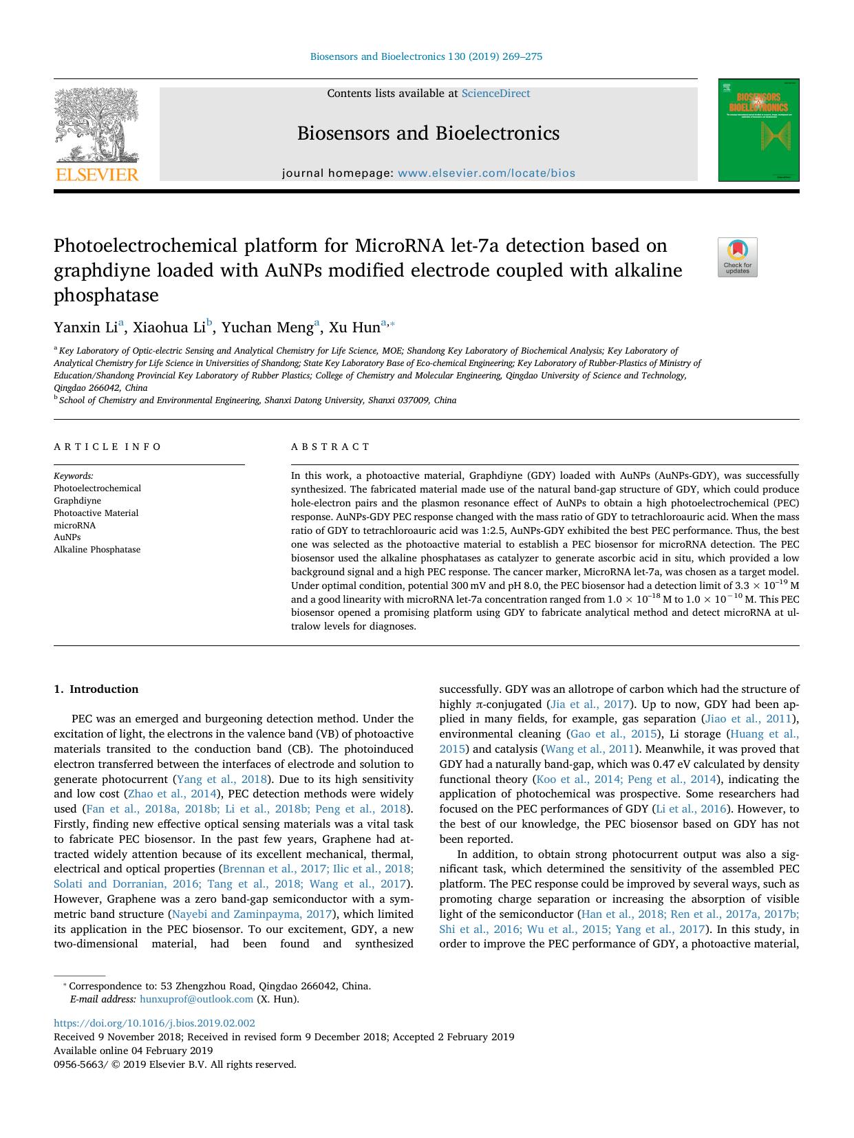 Photoelectrochemical platform for MicroRNA let-7a detection based on graphdiyne loaded with AuNPs modified electrode coupled with alkaline phosphatase by Yanxin Li & Xiaohua Li & Yuchan Meng & Xu Hun
