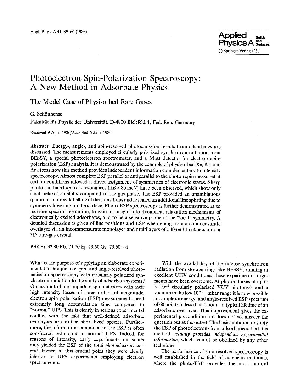 Photoelectron spin-polarization spectroscopy: A new method in adsorbate physics by Unknown