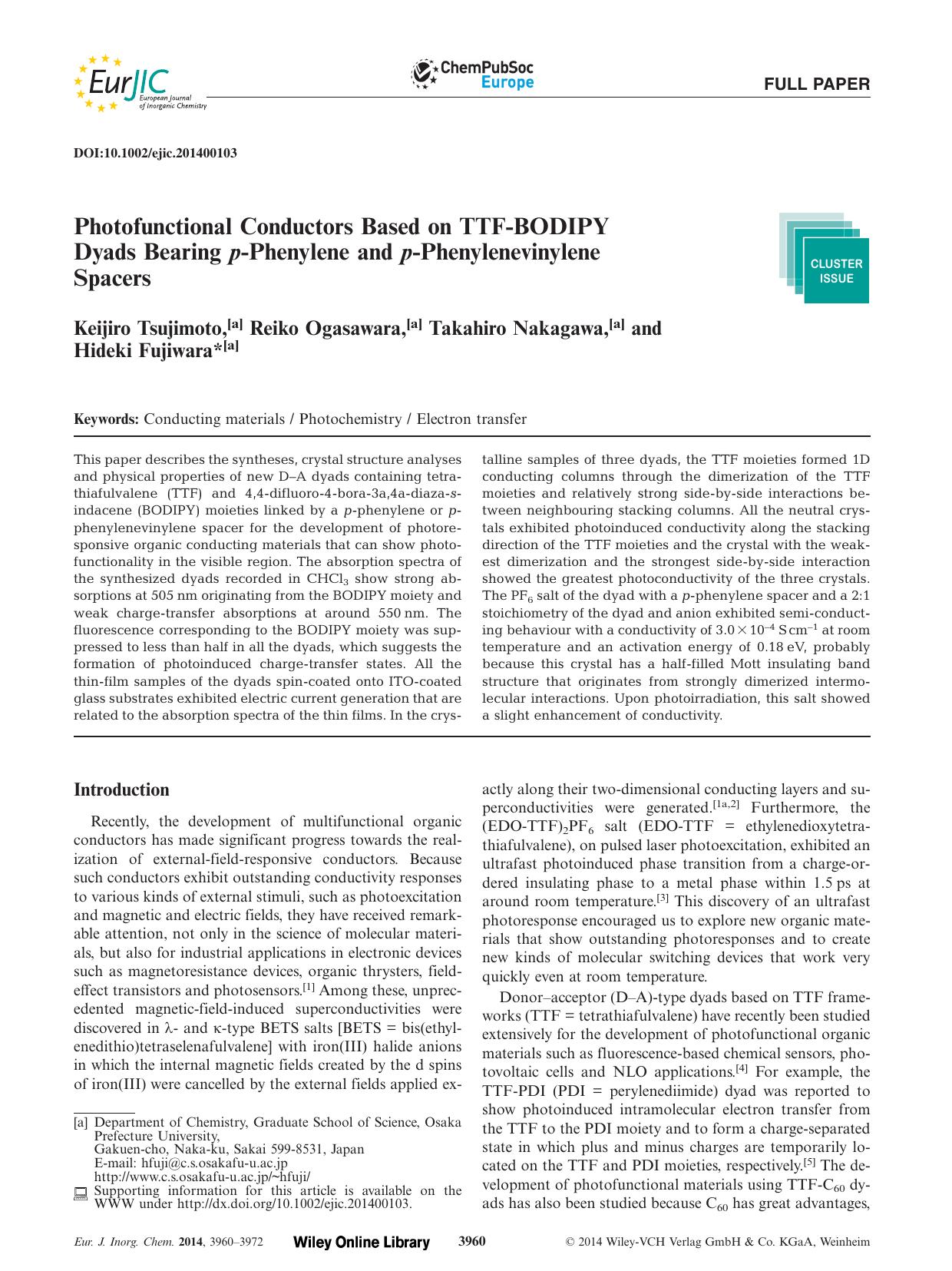 Photofunctional Conductors Based on TTFBODIPY Dyads Bearing pPhenylene and pPhenylenevinylene Spacers by Unknown