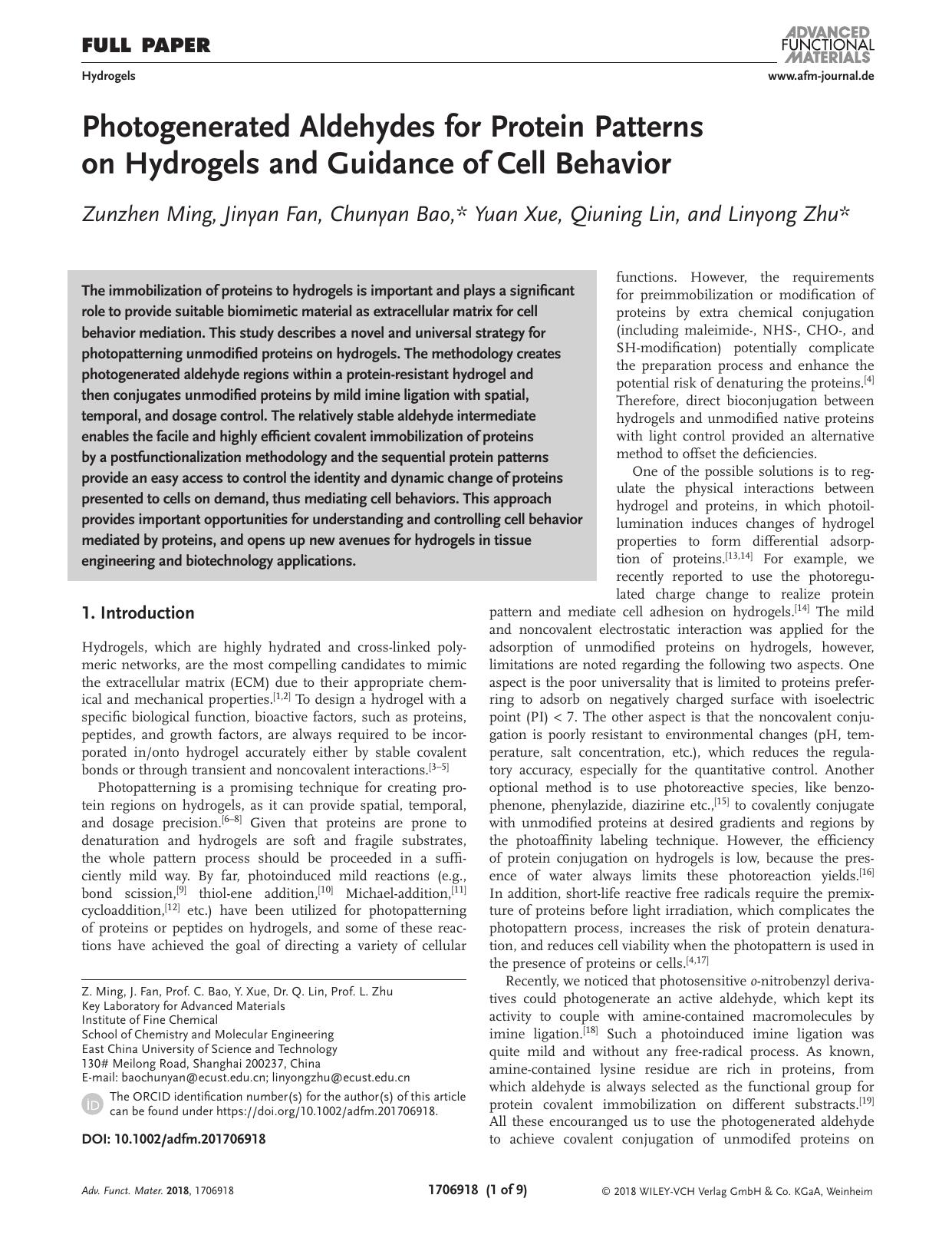 Photogenerated Aldehydes for Protein Patterns on Hydrogels and Guidance of Cell Behavior by Unknown