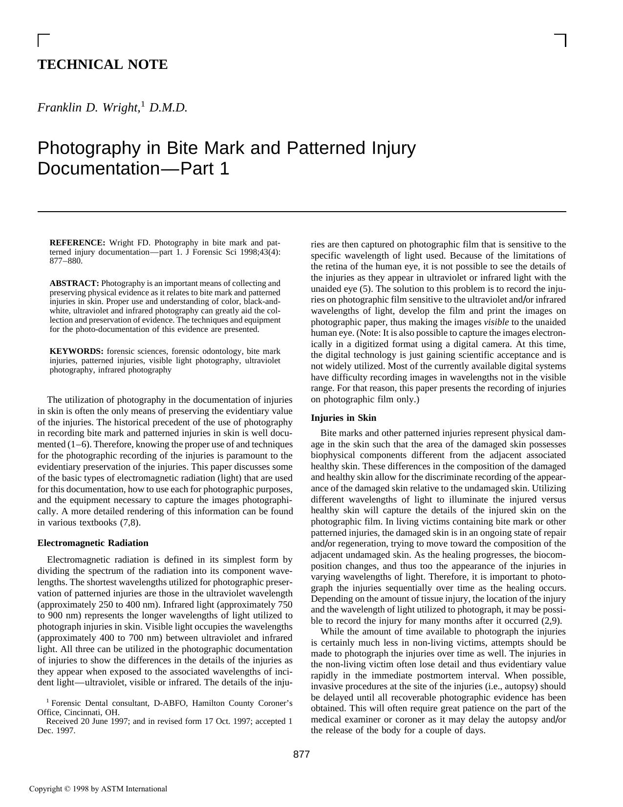 Photography in bite mark and patterned injury documentationŁpart 1 by Wright FD