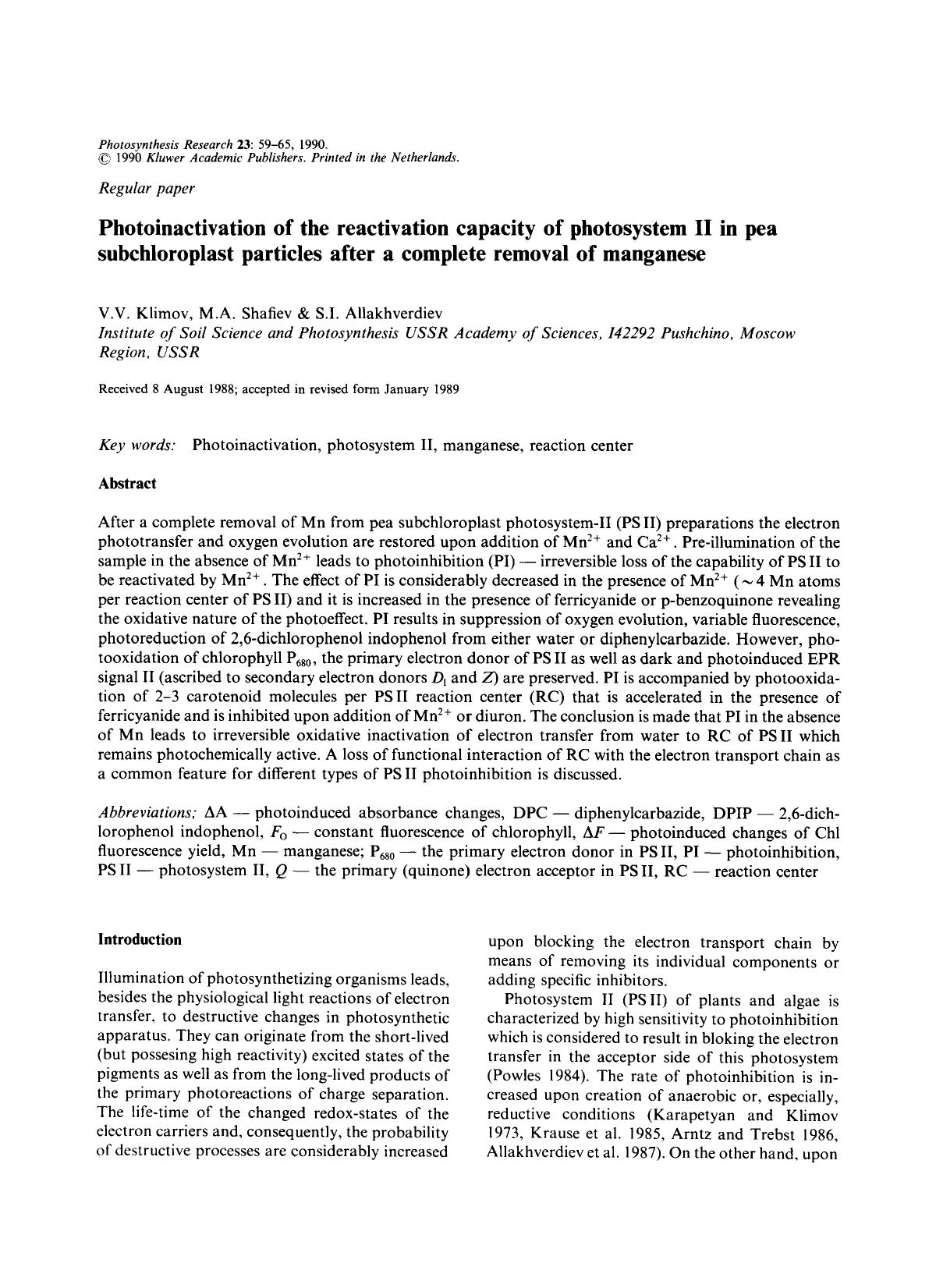 Photoinactivation of the reactivation capacity of photosystem II in pea subchloroplast particles after a complete removal of manganese by Unknown