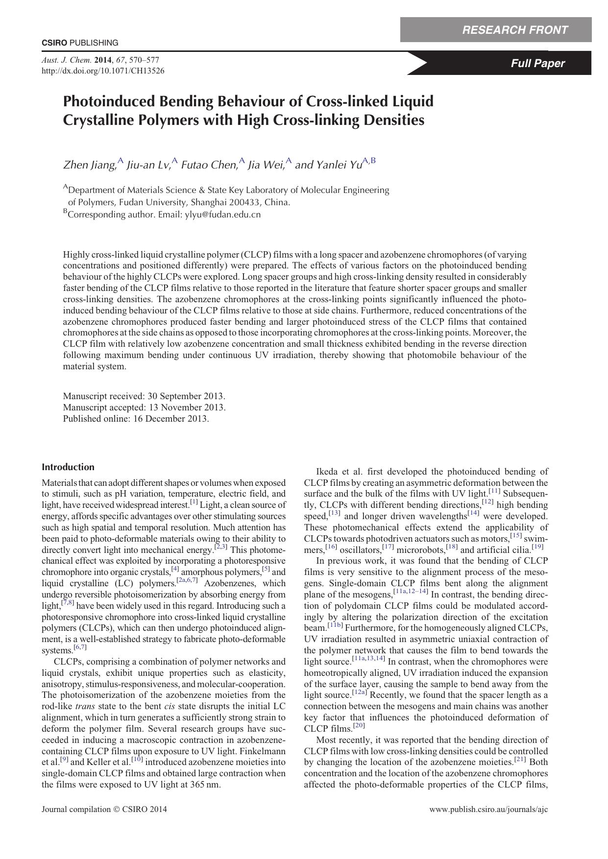 Photoinduced Bending Behaviour of Cross-linked Liquid Crystalline Polymers with High Cross-linking Densities by Z. Jiang et al