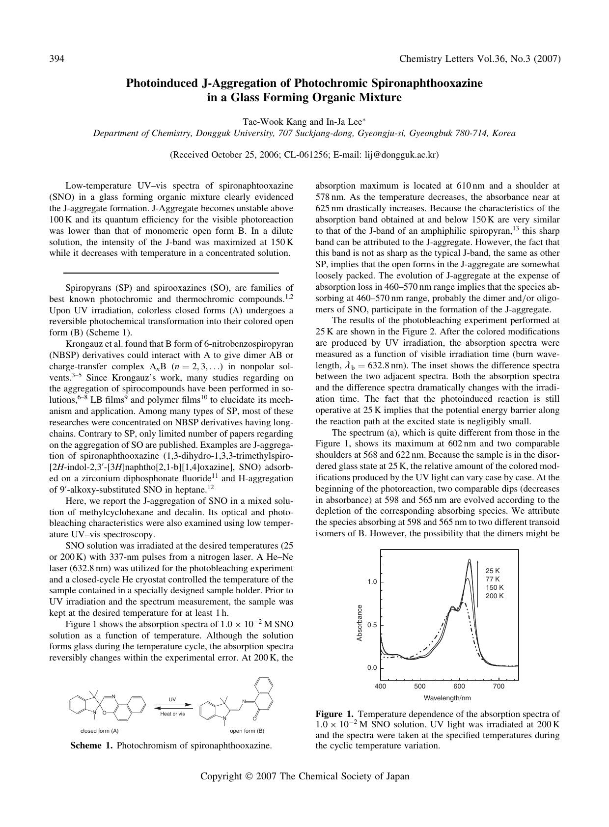 Photoinduced J-Aggregation of Photochromic Spironaphthooxazine in a Glass Forming Organic Mixture by Tae-Wook Kang and In-Ja Lee