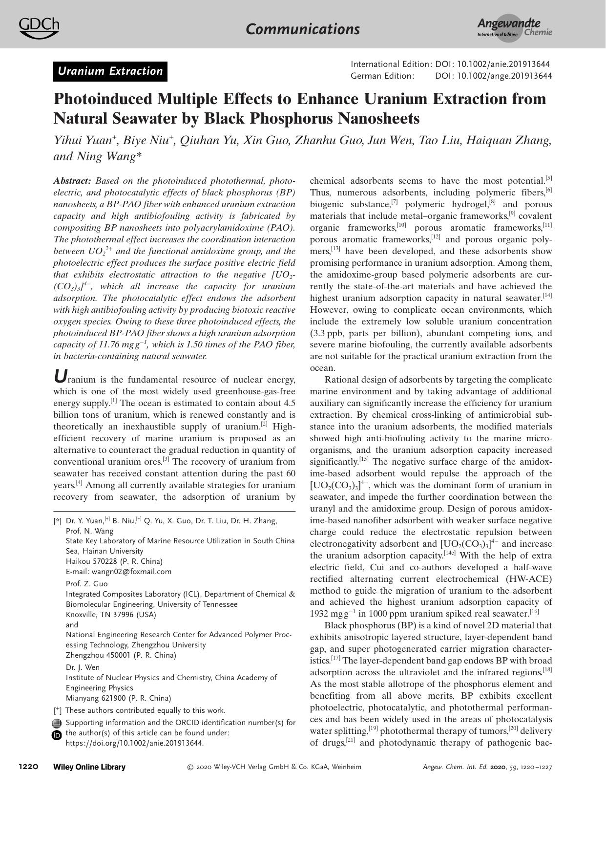 Photoinduced Multiple Effects to Enhance Uranium Extraction from Natural Seawater by Black Phosphorus Nanosheets by Unknown