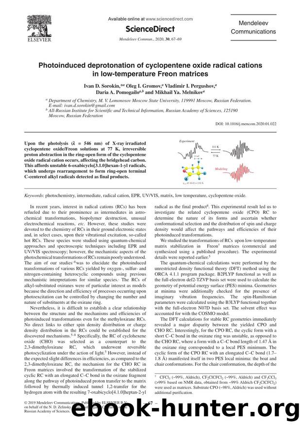Photoinduced deprotonation of cyclopentene oxide radical cations in low-temperature Freon matrices by Ivan D. Sorokin & Oleg I. Gromov & Vladimir I. Pergushov & Daria A. Pomogailo & Mikhail Ya. Melnikov