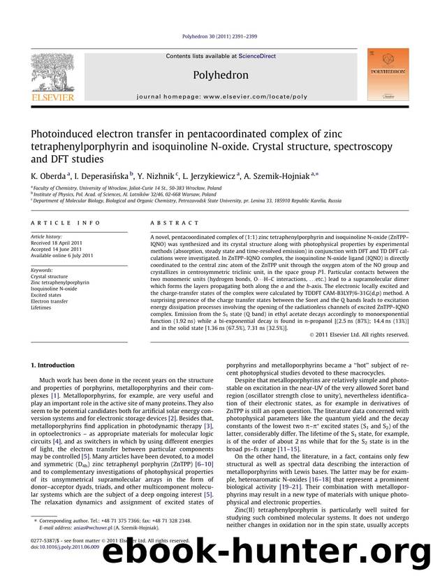 Photoinduced electron transfer in pentacoordinated complex of zinc tetraphenylporphyrin and isoquinoline N-oxide. Crystal structure, spectroscopy and DFT studies by K. Oberda & I. Deperasińska & Y. Nizhnik & L. Jerzykiewicz & A. Szemik-Hojniak