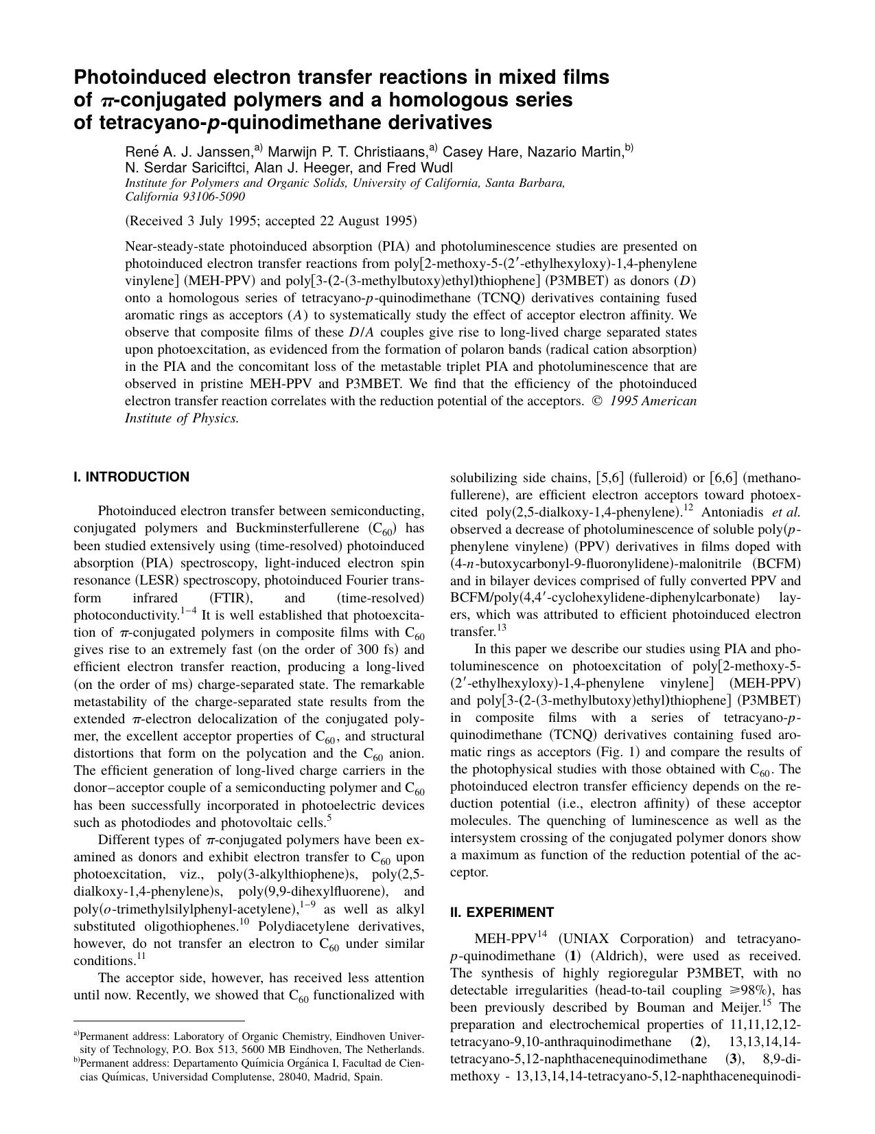 Photoinduced electron transfer reactions in mixed films of p-conjugated polymers and a homologous series of tetracyano- p-quinodimethane derivatives by unknow