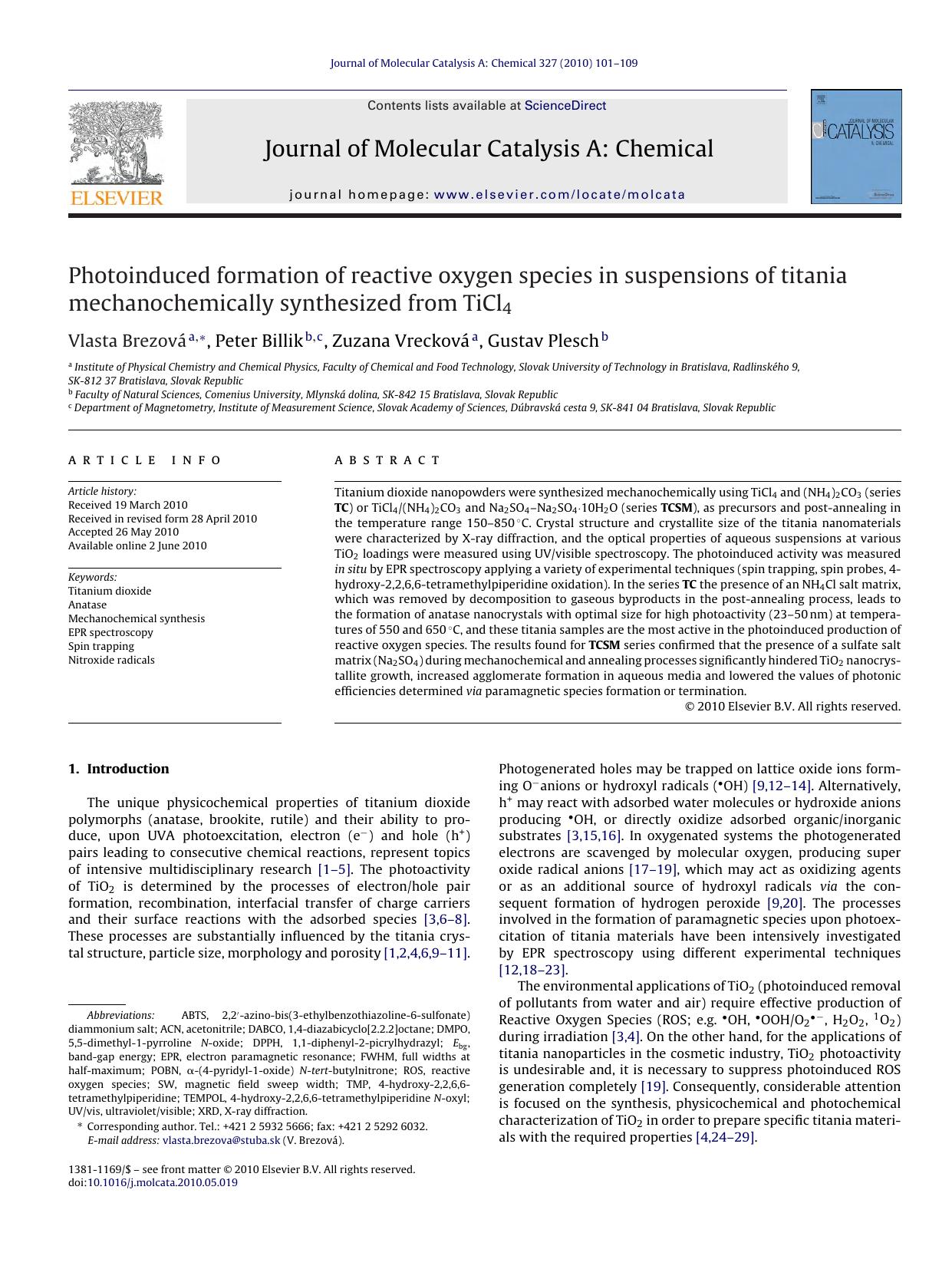 Photoinduced formation of reactive oxygen species in suspensions of titania mechanochemically synthesized from TiCl4 by Vlasta BrezovÃ¡