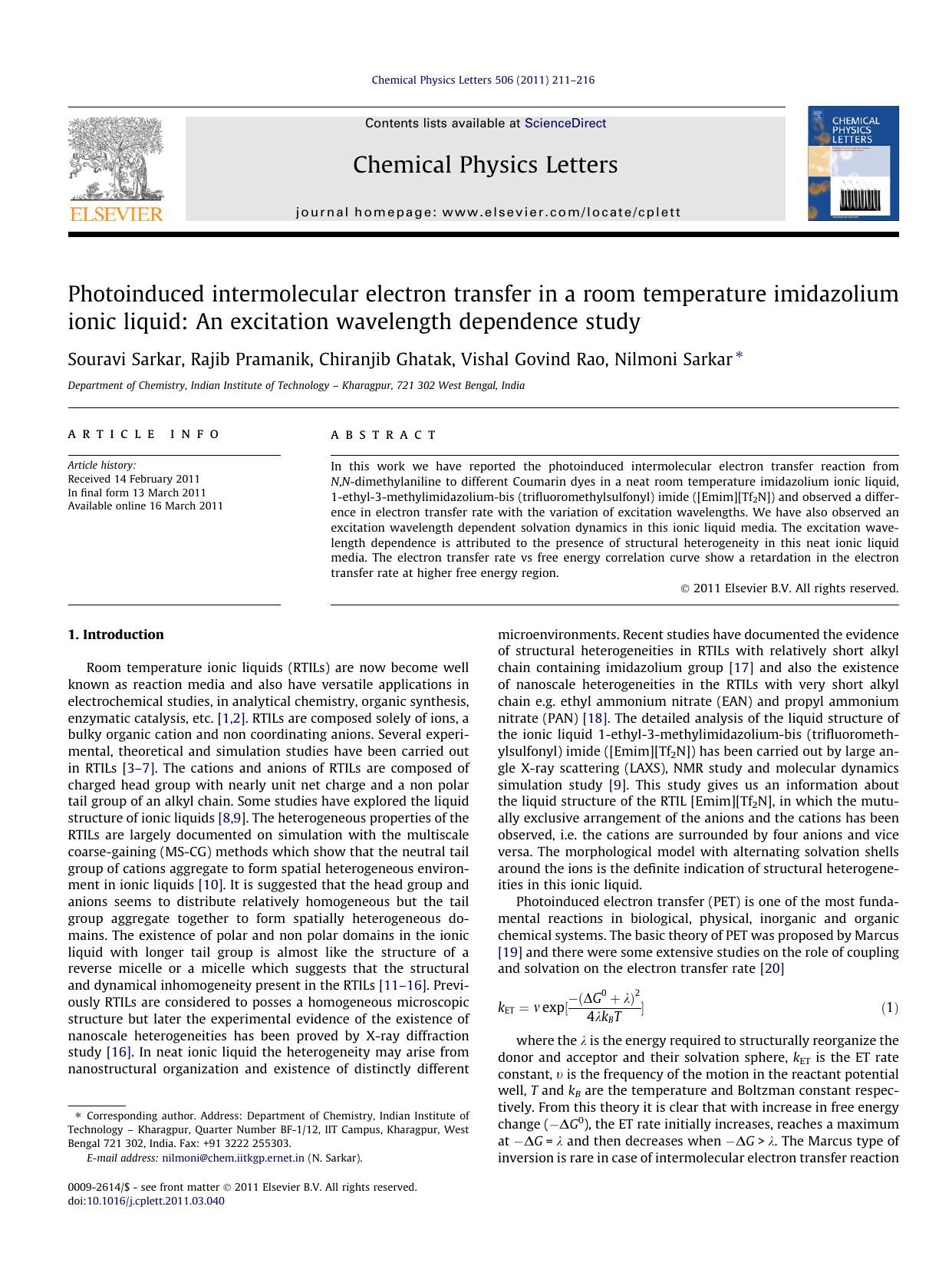 Photoinduced intermolecular electron transfer in a room temperature imidazolium ionic liquid: An excitation wavelength dependence study by Souravi Sarkar & Rajib Pramanik & Chiranjib Ghatak & Vishal Govind Rao & Nilmoni Sarkar