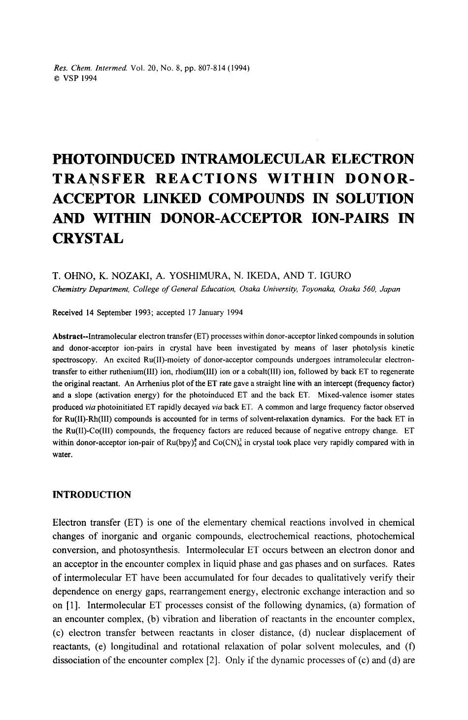 Photoinduced intramolecular electron transfer reactions within donor-acceptor linked compounds in solution and within donor-acceptor ion-pairs in crystal by Unknown
