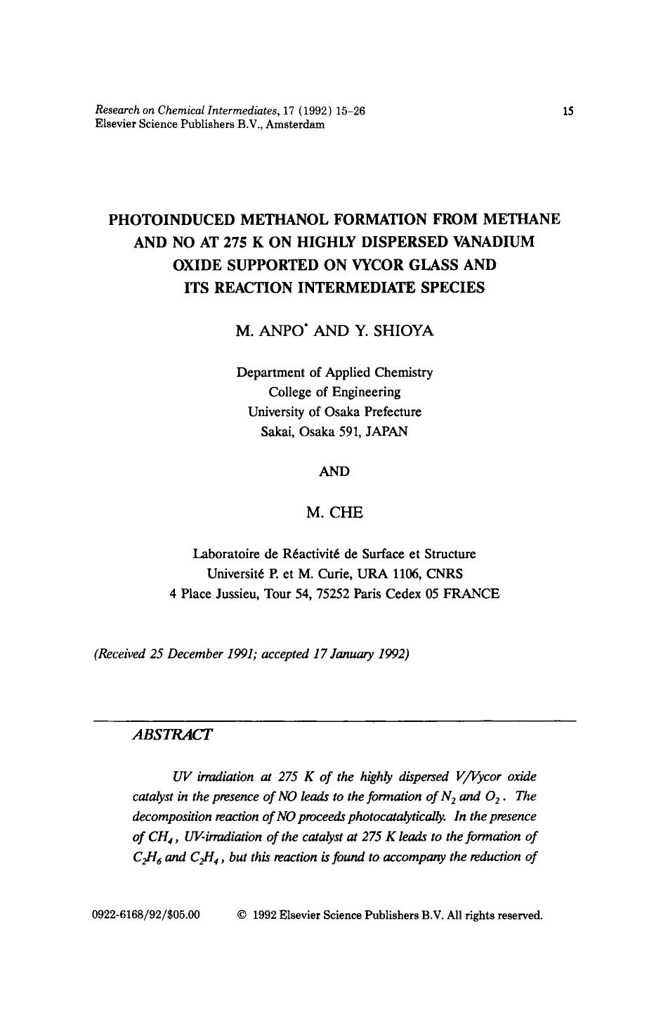 Photoinduced methanol formation from methane and no at 275 k on highly dispersed vanadium oxide supported on vycor glass and its reaction intermediate species by Unknown