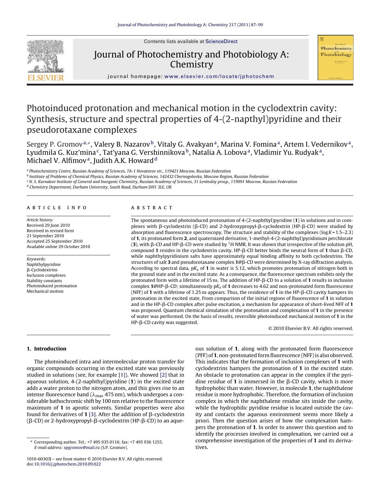 Photoinduced protonation and mechanical motion in the cyclodextrin cavity: Synthesis, structure and spectral properties of 4-(2-napthyl)pyridine and their pseudorotaxane complexes by Sergey P. Gromov