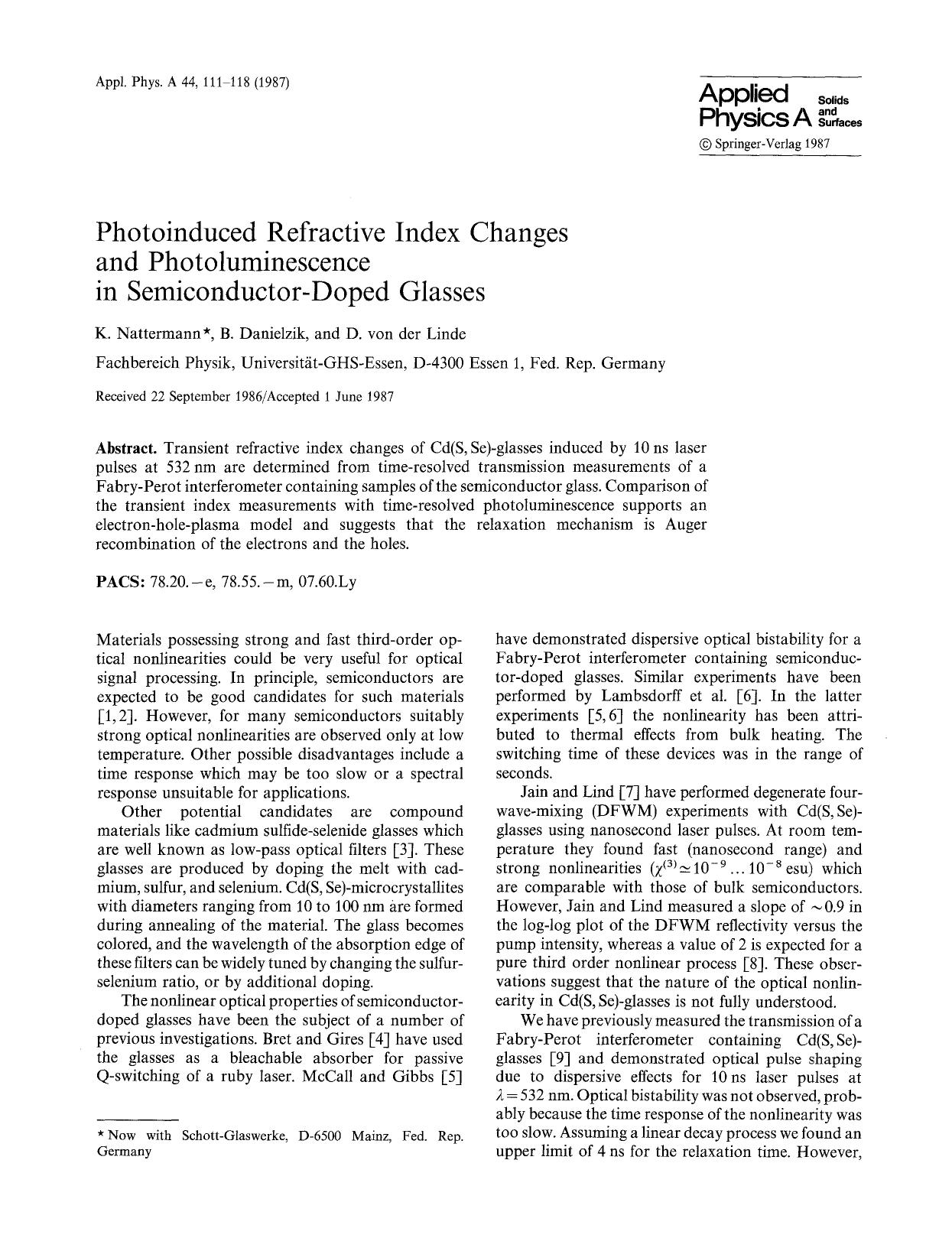 Photoinduced refractive index changes and photoluminescence in semiconductor-doped glasses by Unknown