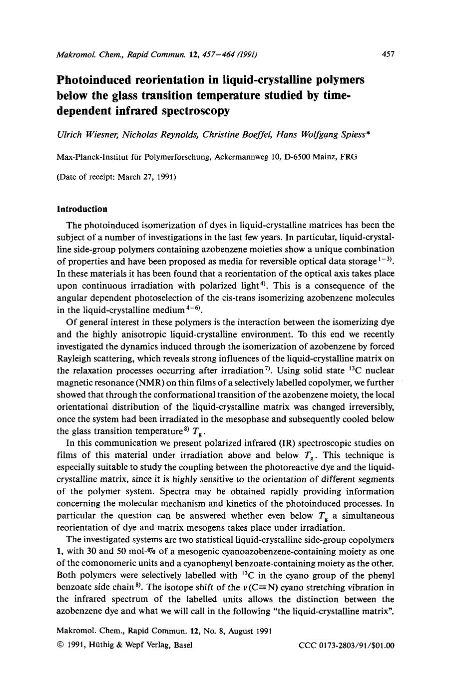 Photoinduced reorientation in liquid-crystalline polymers below the glass transition temperature studied by time-dependent infrared spectroscopy by Unknown