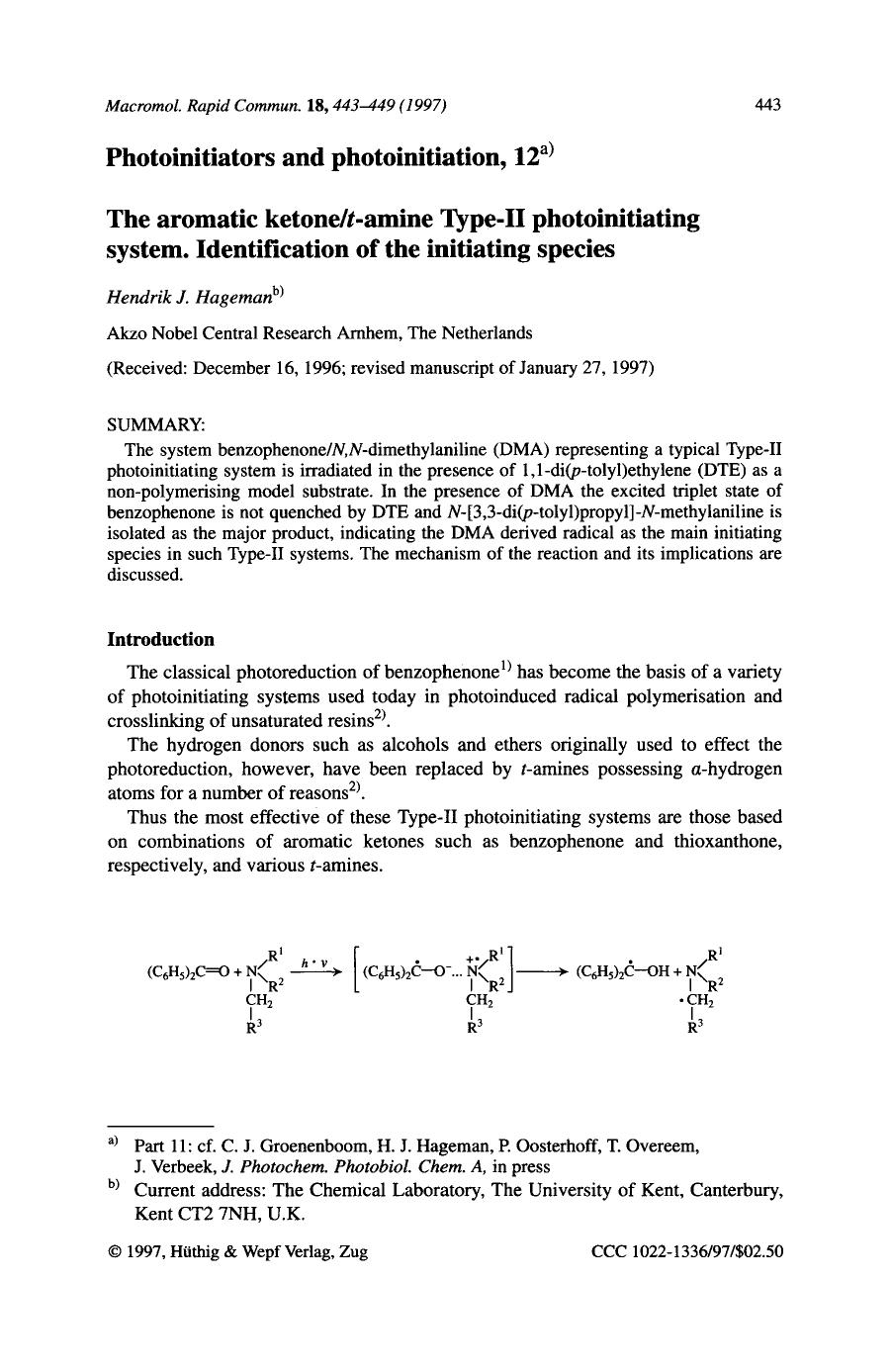 Photoinitiators and photoinitiation, 12. The aromatic ketonet-amine Type-II photoinitiating system. Identification of the initiating species by Unknown