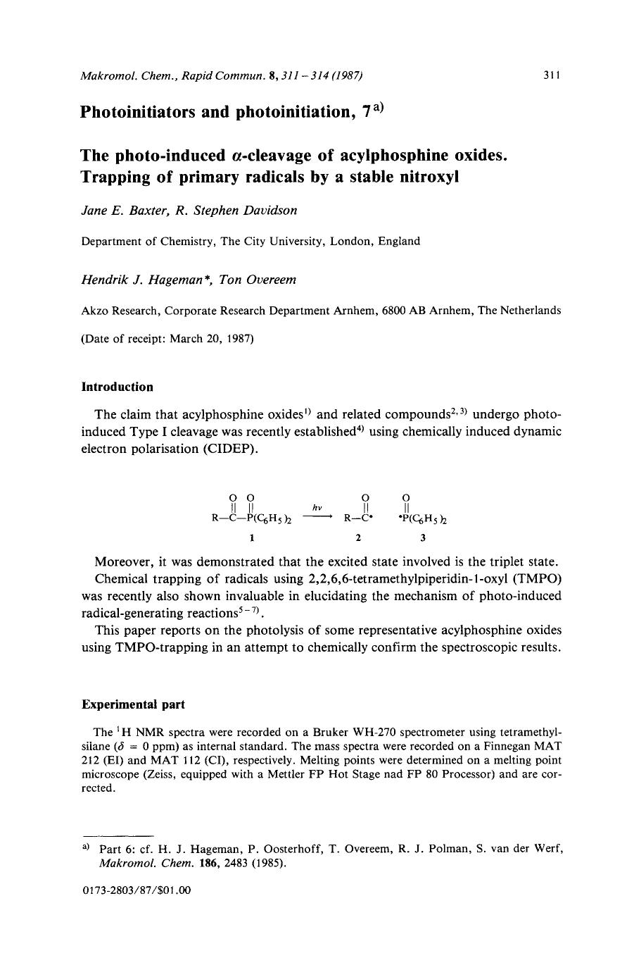 Photoinitiators and photoinitiation, 7. The photo-induced [alpha]-cleavage of acylphosphine oxides. Trapping of primary radicals by a stable nitroxyl by Unknown