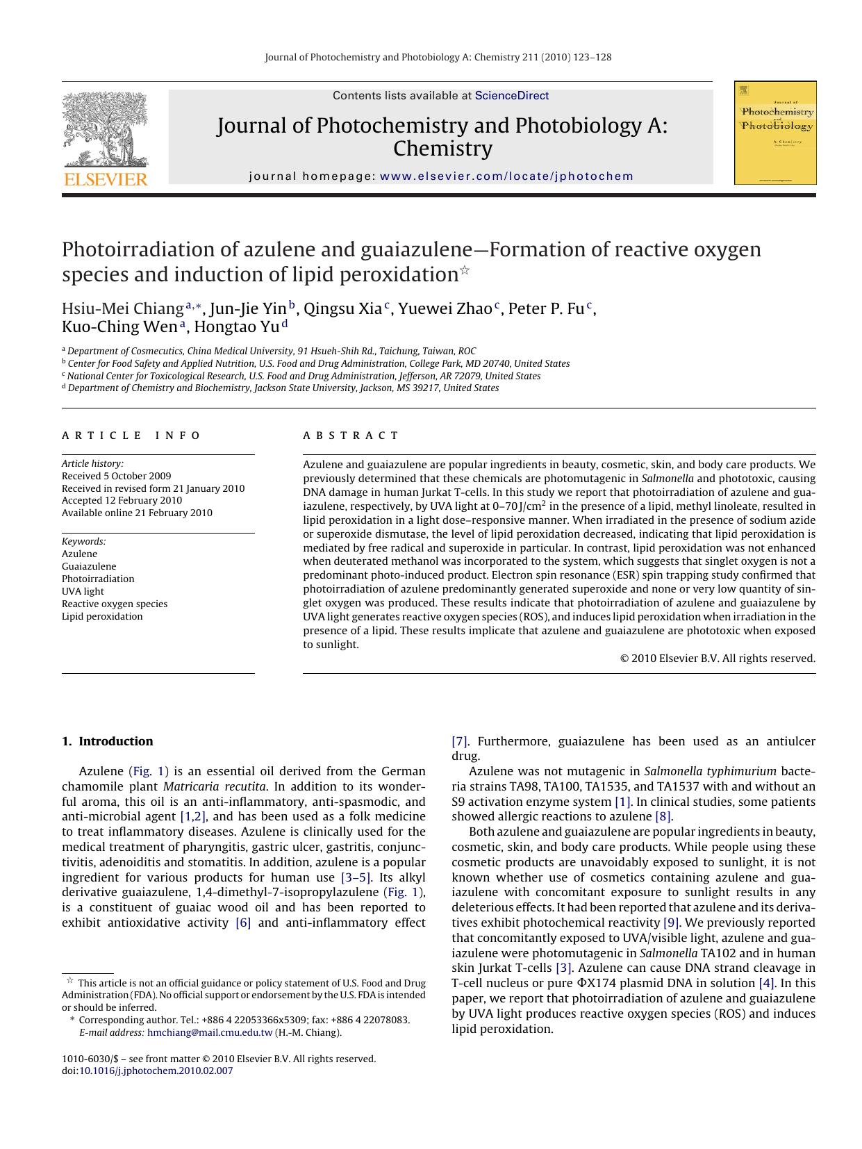 Photoirradiation of azulene and guaiazuleneÃ¢â¬âFormation of reactive oxygen species and induction of lipid peroxidation by Hsiu-Mei Chiang; Jun-Jie Yin; Qingsu Xia; Yuewei Zhao; Peter P. Fu; Kuo-Ching Wen; Hongtao Yu