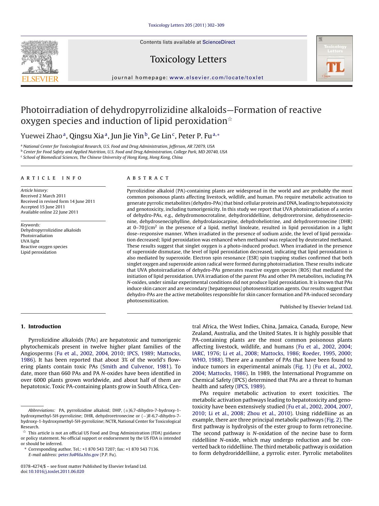 Photoirradiation of dehydropyrrolizidine alkaloidsÃ¢â¬âFormation of reactive oxygen species and induction of lipid peroxidation by Yuewei Zhao