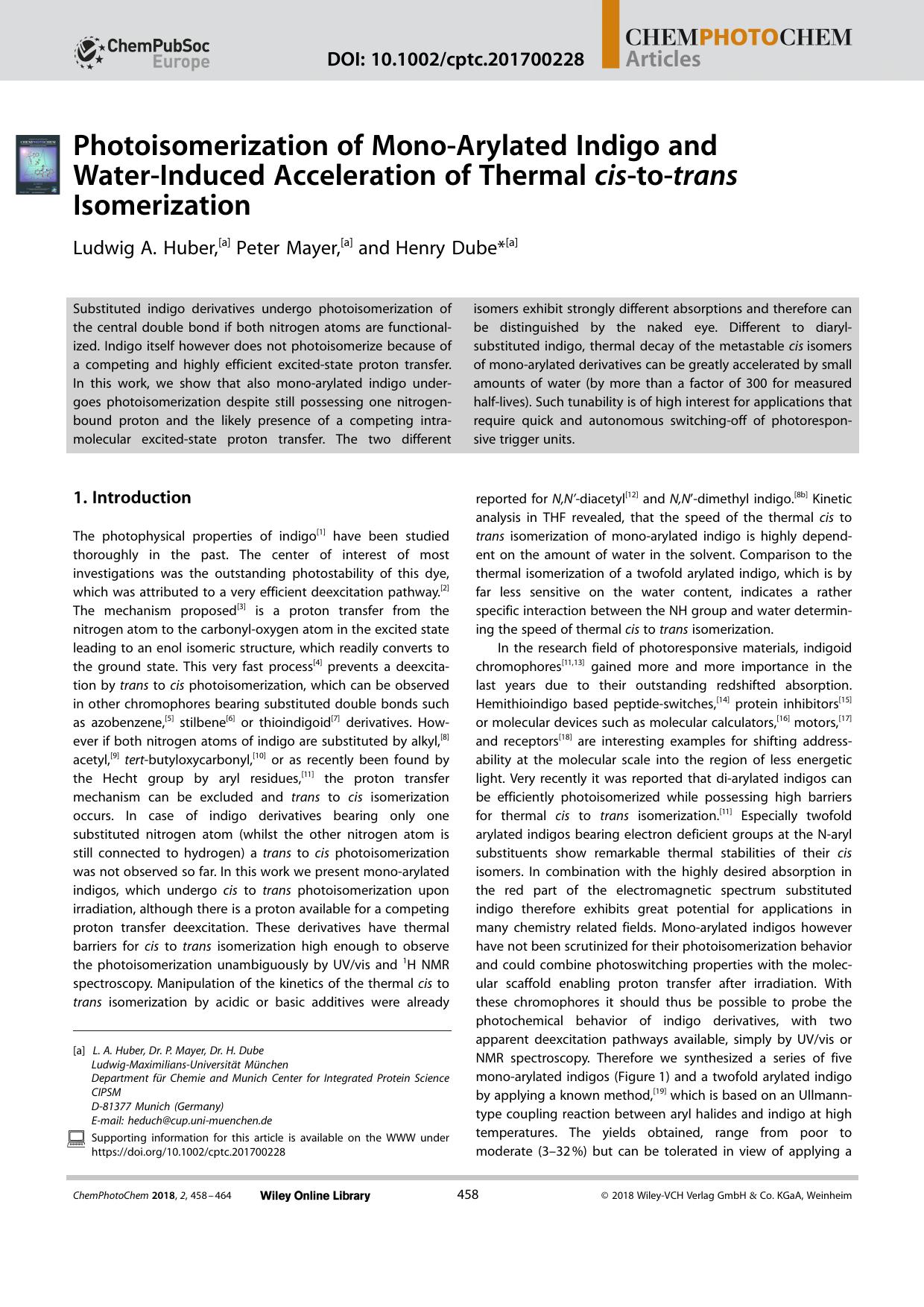 Photoisomerization of MonoâArylated Indigo and WaterâInduced Acceleration of Thermal cisâtoâtrans Isomerization by Unknown