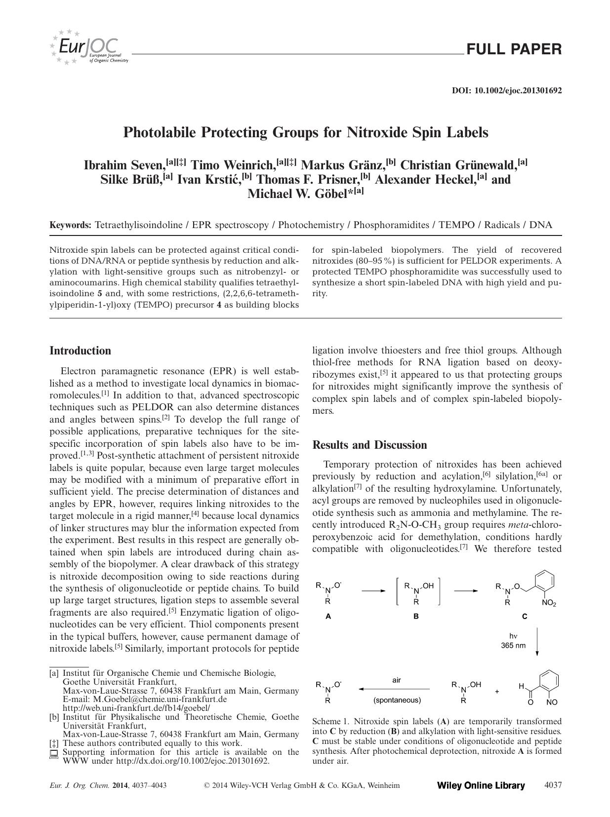 Photolabile Protecting Groups for Nitroxide Spin Labels by Unknown