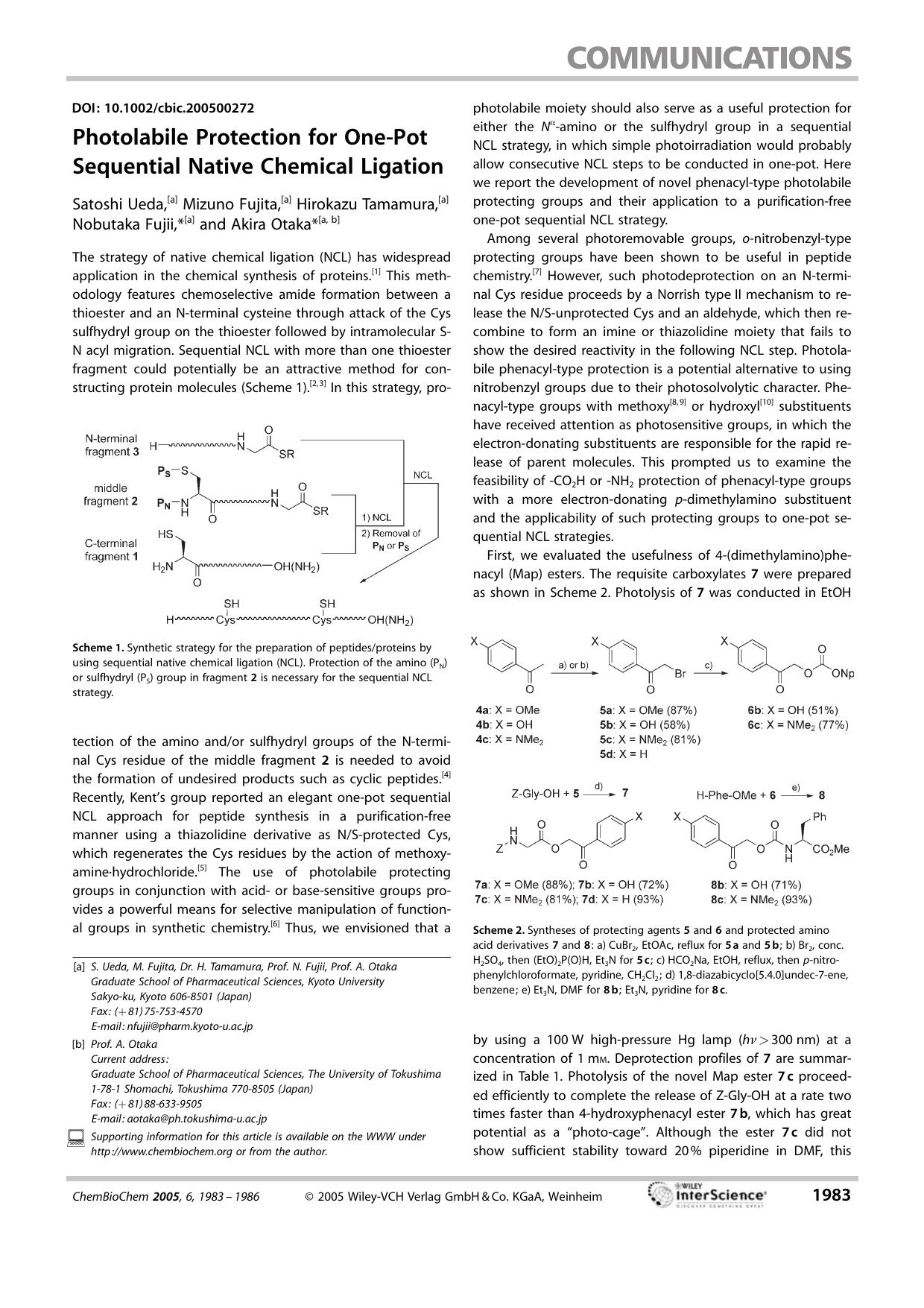 Photolabile Protection for One-Pot Sequential Native Chemical Ligation by Unknown