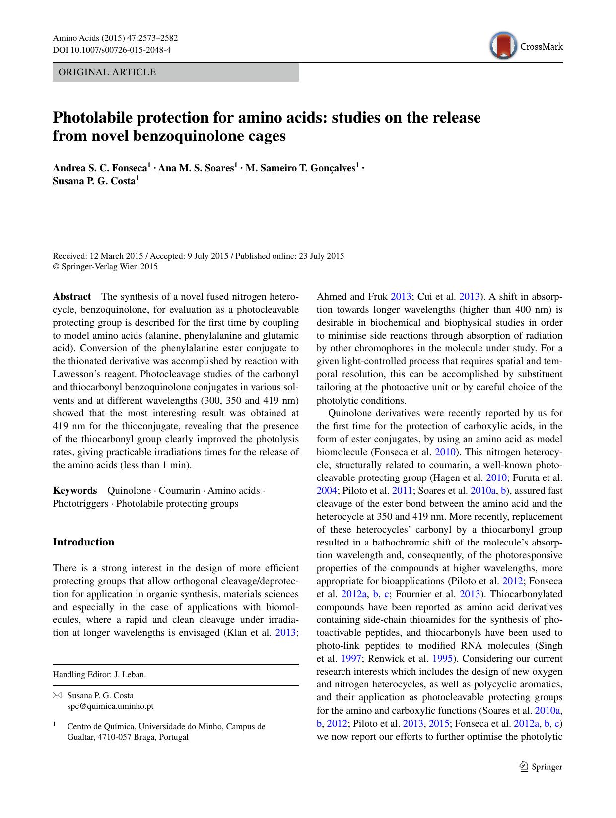 Photolabile protection for amino acids: studies on the release from novel benzoquinolone cages by Andrea S. C. Fonseca & Ana M. S. Soares & M. Sameiro T. Gonçalves & Susana P. G. Costa