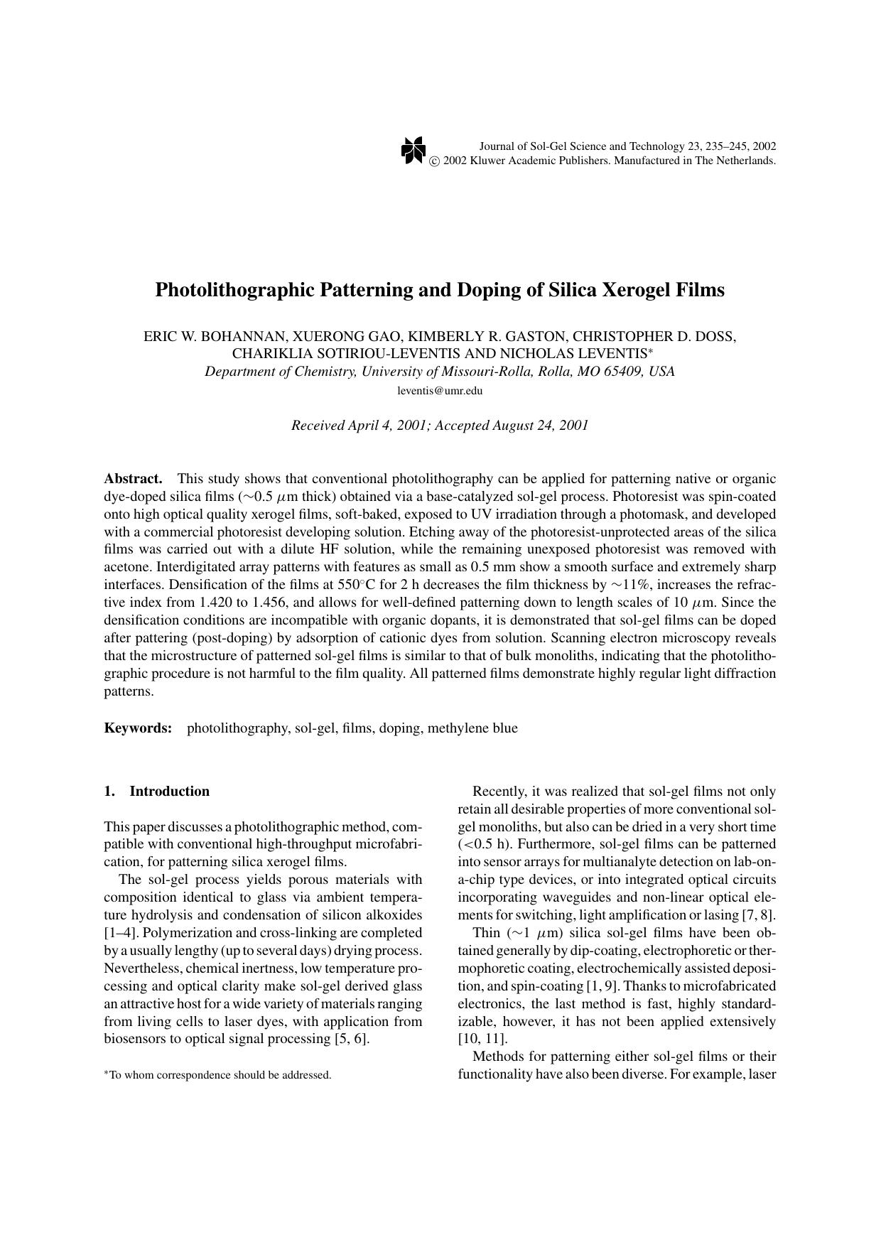 Photolithographic Patterning and Doping of Silica Xerogel Films by Unknown