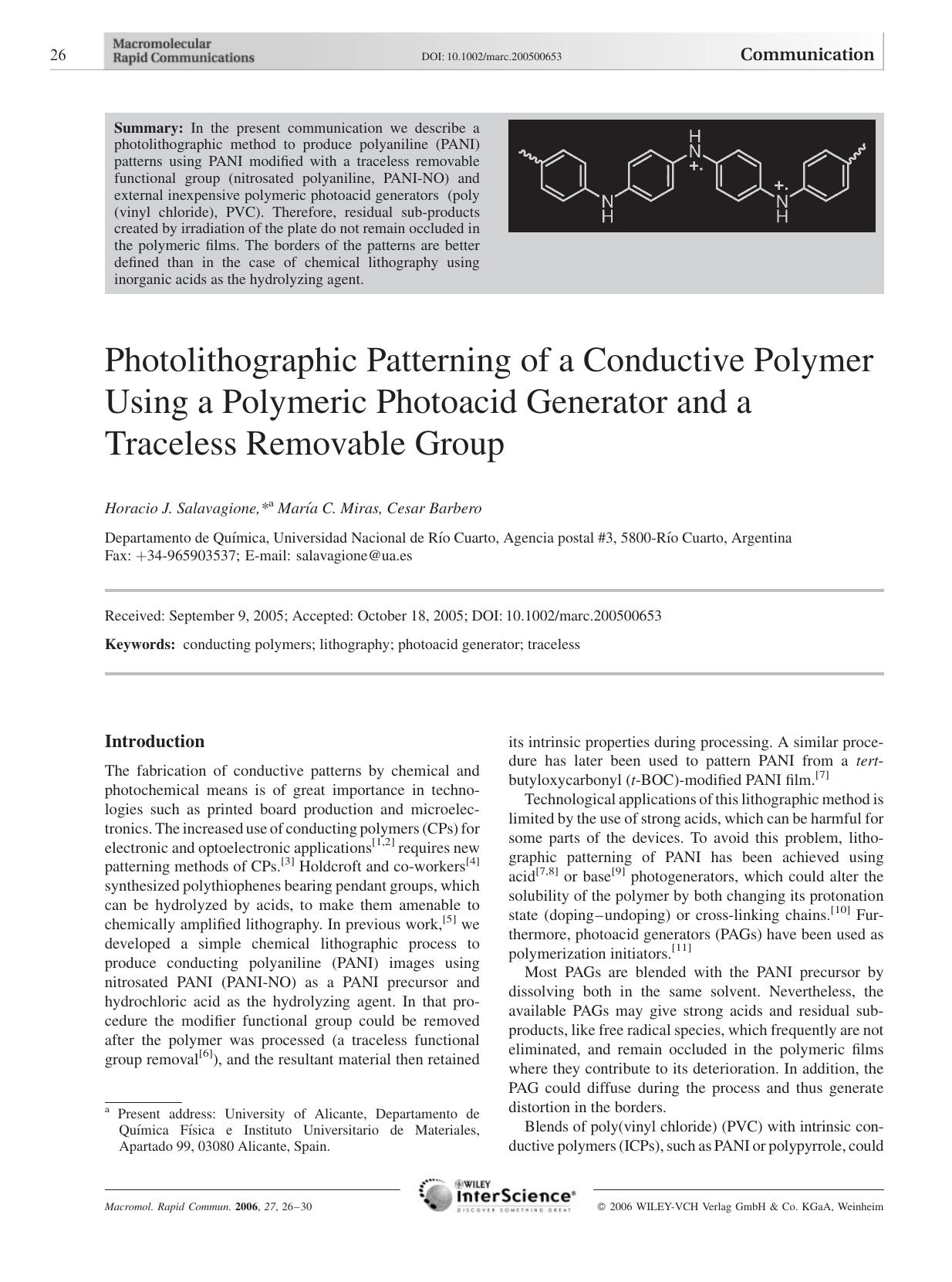 Photolithographic Patterning of a Conductive Polymer Using a Polymeric Photoacid Generator and a Traceless Removable Group by Unknown