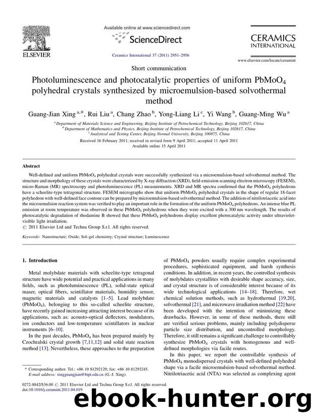 Photoluminescence and photocatalytic properties of uniform PbMoO4 polyhedral crystals synthesized by microemulsion-based solvothermal method by Guang-Jian Xing