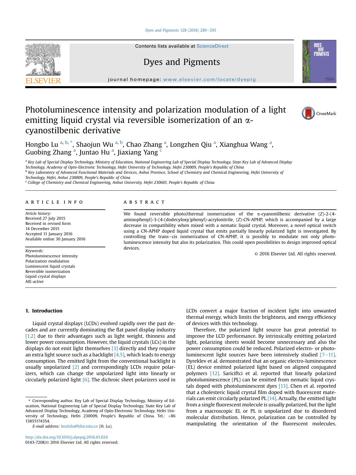 Photoluminescence intensity and polarization modulation of a light emitting liquid crystal via reversible isomerization of an &alpha;-cyanostilbenic derivative by unknow