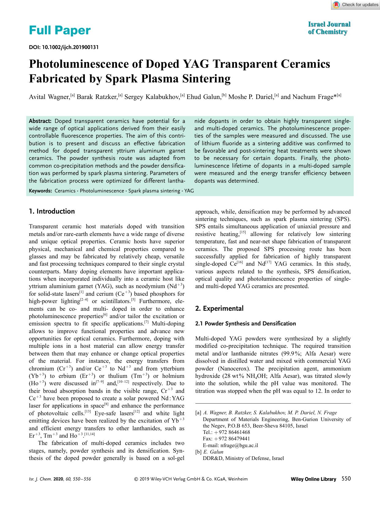 Photoluminescence of Doped YAG Transparent Ceramics Fabricated by Spark Plasma Sintering by Unknown