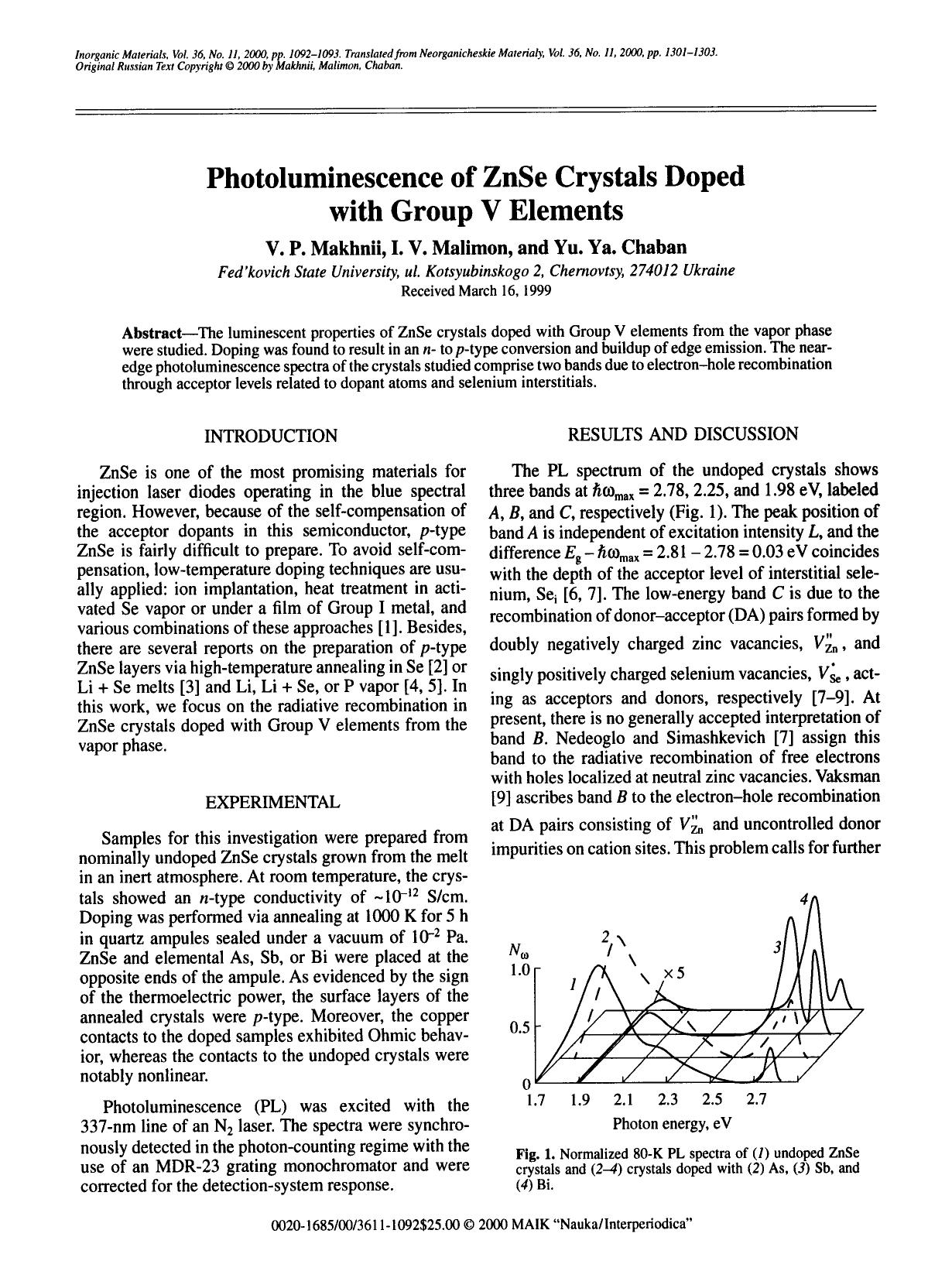 Photoluminescence of ZnSe crystals doped with group V elements by Unknown