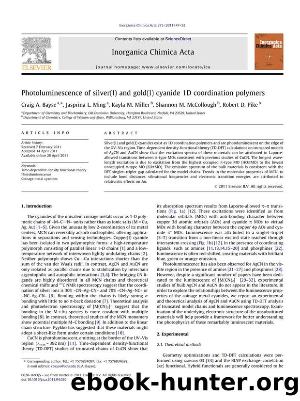 Photoluminescence of silver(I) and gold(I) cyanide 1D coordination polymers by Craig A. Bayse & Jasprina L. Ming & Kayla M. Miller & Shannon M. McCollough & Robert D. Pike