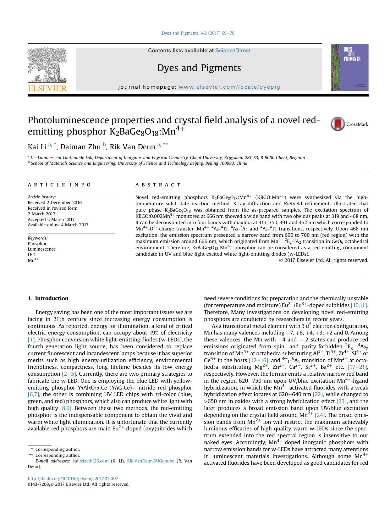 Photoluminescence properties and crystal field analysis of a novel red-emitting phosphor K2BaGe8O18:Mn4+ by Kai Li & Daiman Zhu & Rik Van Deun
